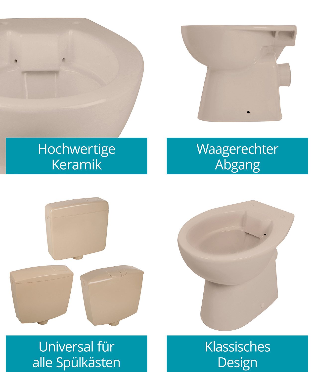 Calmwaters Tiefspül-WC Stand-WC spülrandlos, Abgang Waagerecht, Beige-Bahamabeige, 07AB6143