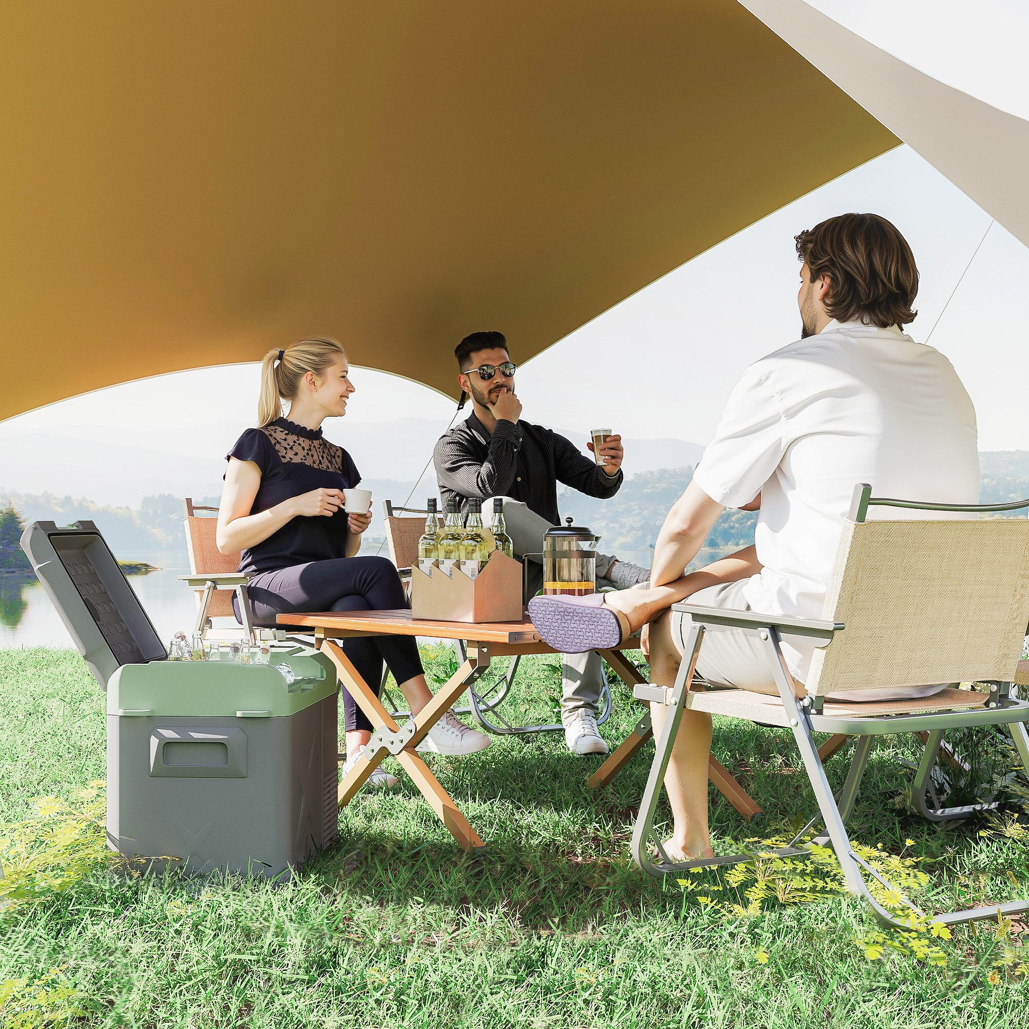 Outsunny Kühlbox mit LED, Anschluss, Kühlfunktion, für Auto Steckdose LKW Camping Boot Grau+Grün