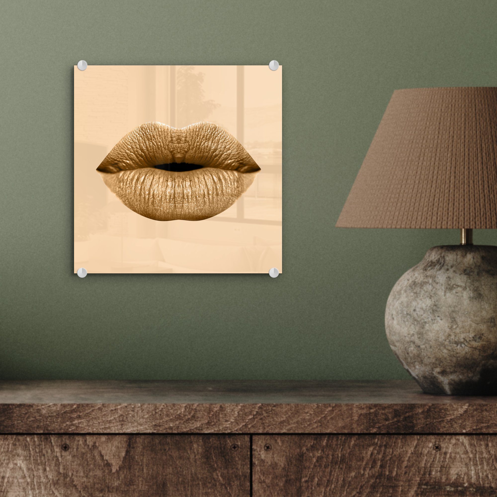 Wandbild - - Lippen Glas - - Acrylglasbild Foto MuchoWow Pastell auf Glas Bilder Wanddekoration auf - Braun, St), Glasbilder (1