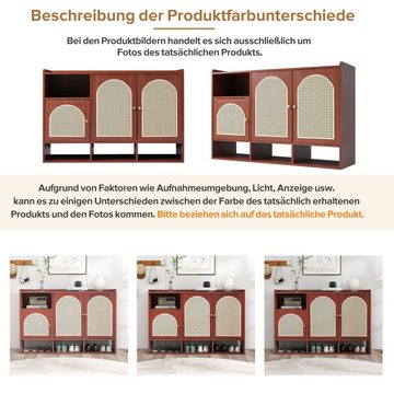 OKWISH Sideboard Aufbewahrungsschrank, 3 gewölbte Rattantüren, Eckschrank, Schuhschrank