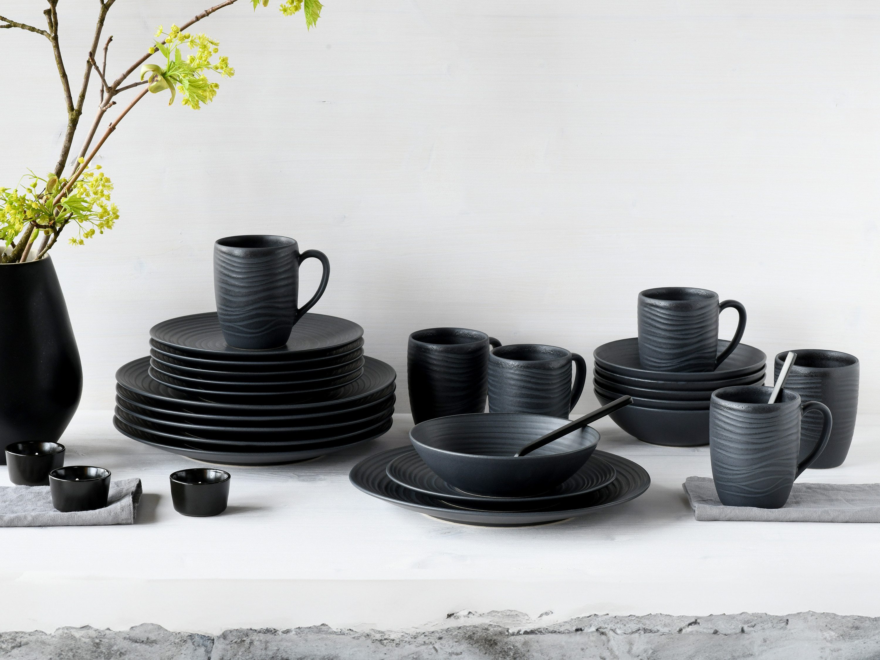 CreaTable Kombiservice Lava Stone Schwarz (24-tlg), 6 Personen, Steinzeug