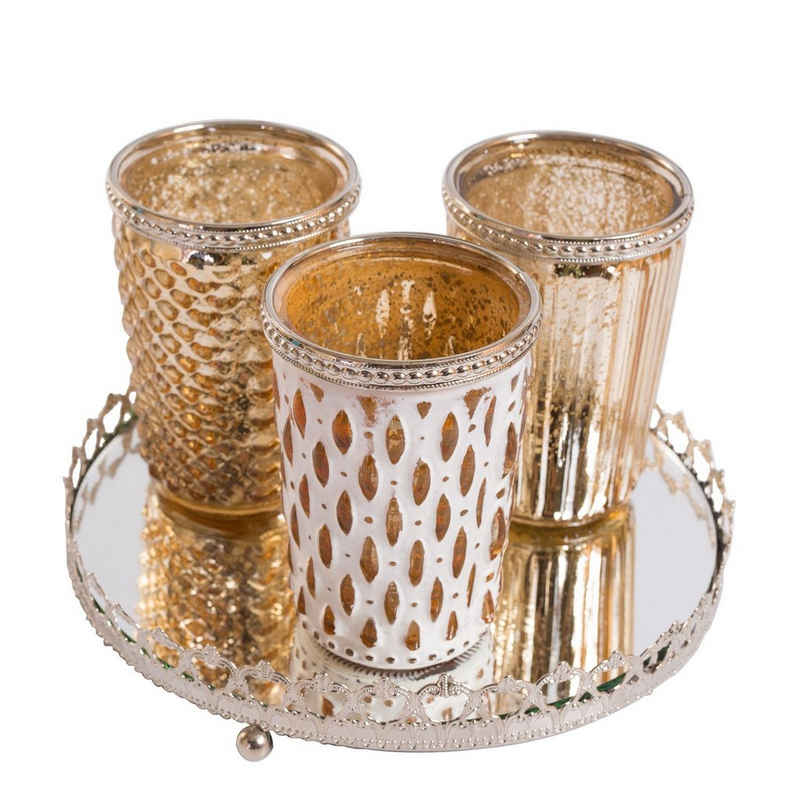 Jinfa Teelichthalter Jinfa 3er Windlichtset Teelichtglas mit Spiegelplatte Teelichthalter