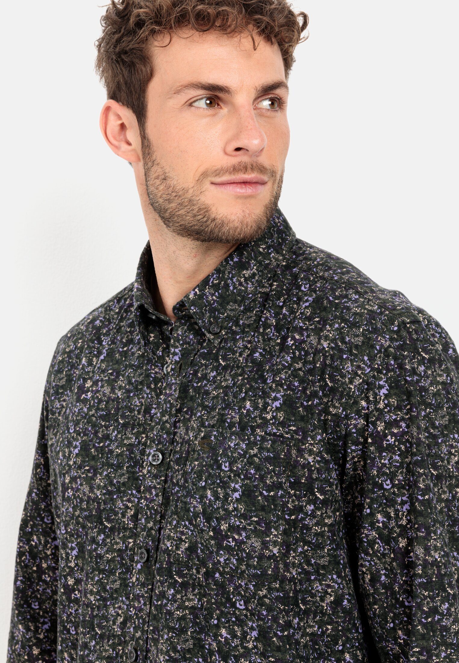 camel active Langarmhemd mit Allover-Print Langarm Button-Down Button-Down