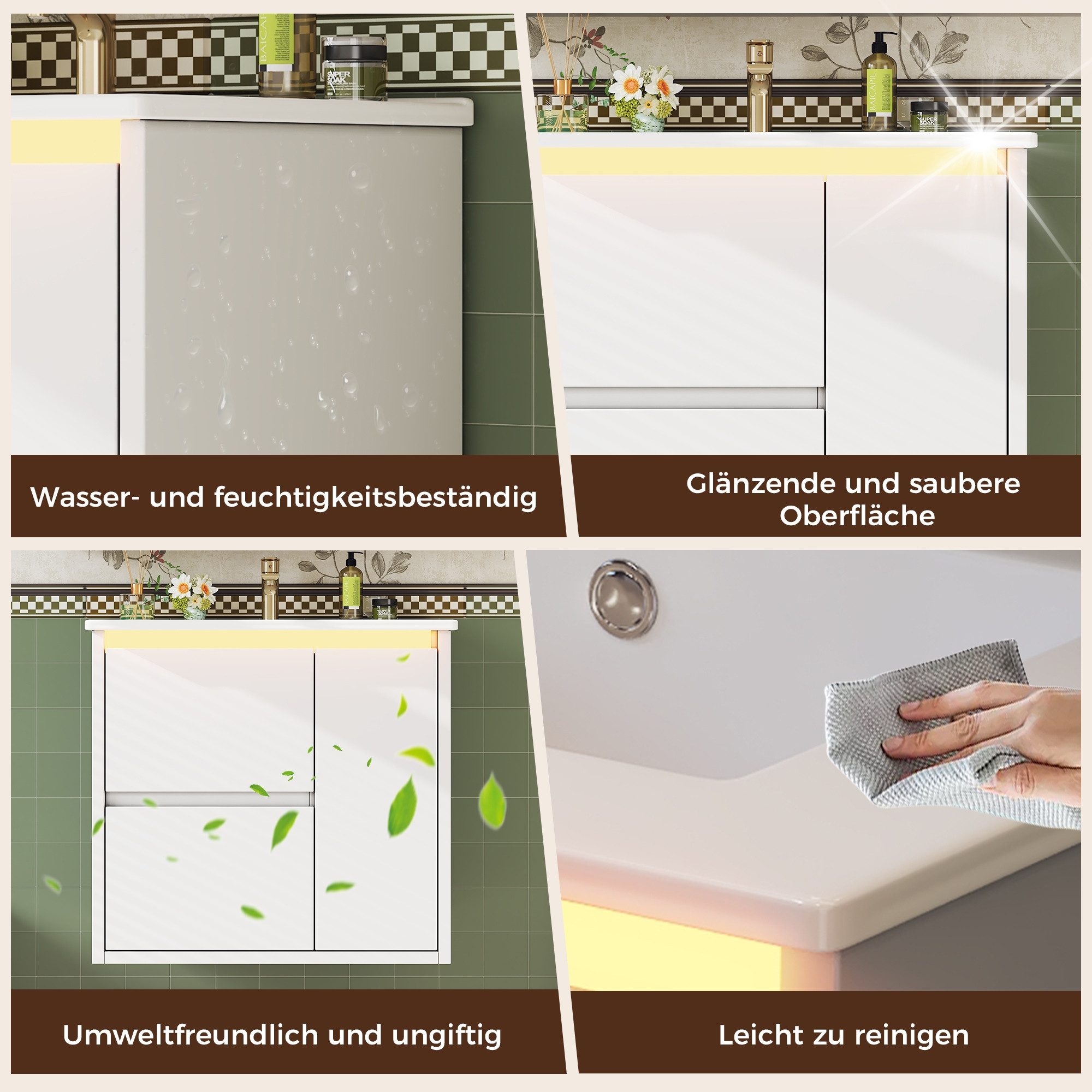 BlingBin Waschtisch Wandmontierter Waschbeckenunterschrank mit Radarsensor-LED-Beleuchtung (1er Set, 61*47*57cm), Soft-Close-Scharniere & Keramikwaschbecken, Lackierter
