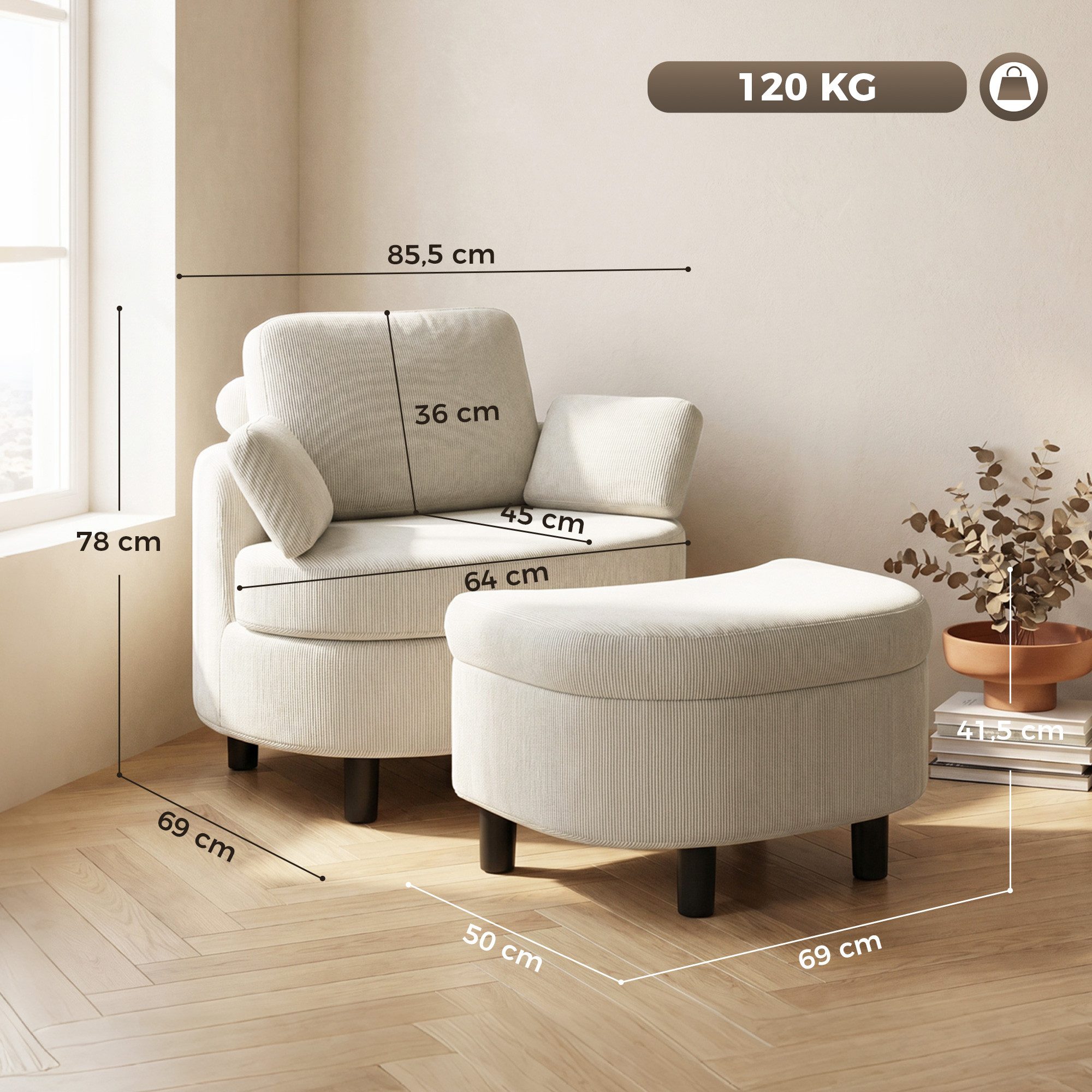 HOMCOM Sessel Loungesessel Polstersessel mit Aufbewahrungshocker (Sessel und Hocker, 2-St., bestehend aus Sessel und Hocker), 5-fach verstellbare Kopfstütze, Stauraumhocker