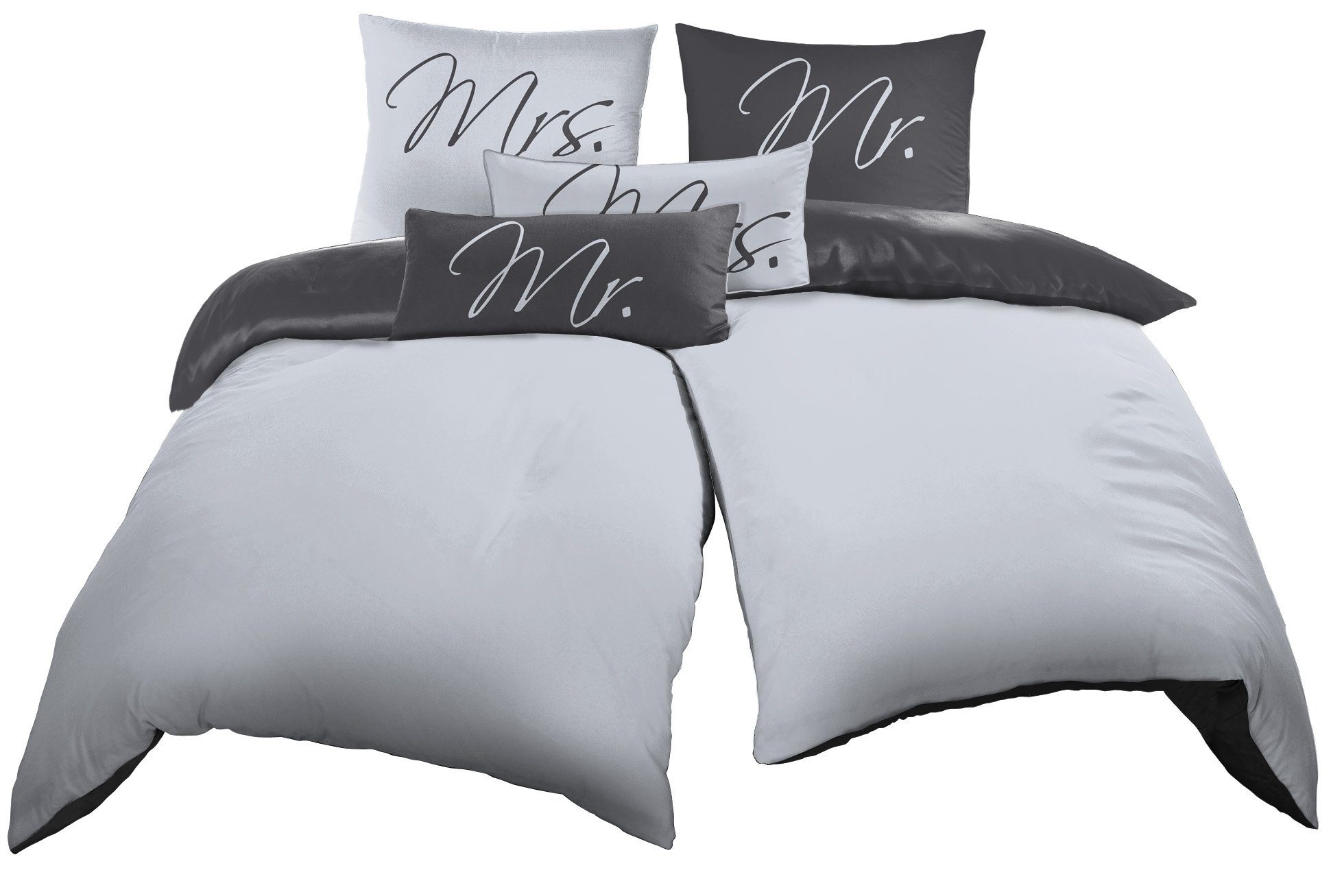 Bettwäsche Mr and Mrs, One Home, Mikrofaser, 6 teilig, Schriftzug und  Wendefunktion, inkl. Extra Kissenbezüge 40x80 cm