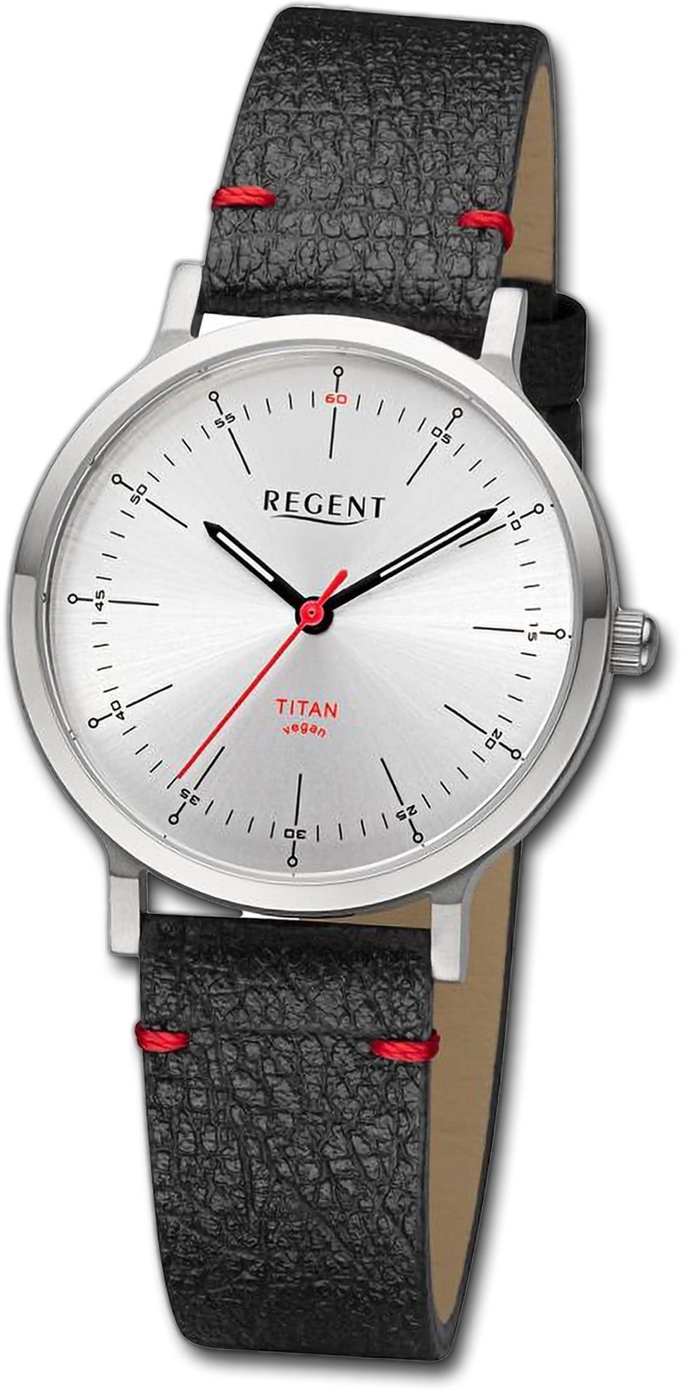 Regent Quarzuhr Regent Damen Armbanduhr Analog, Damenuhr Lederarmband schwarz, rot, rundes Gehäuse, groß (ca. 33mm)