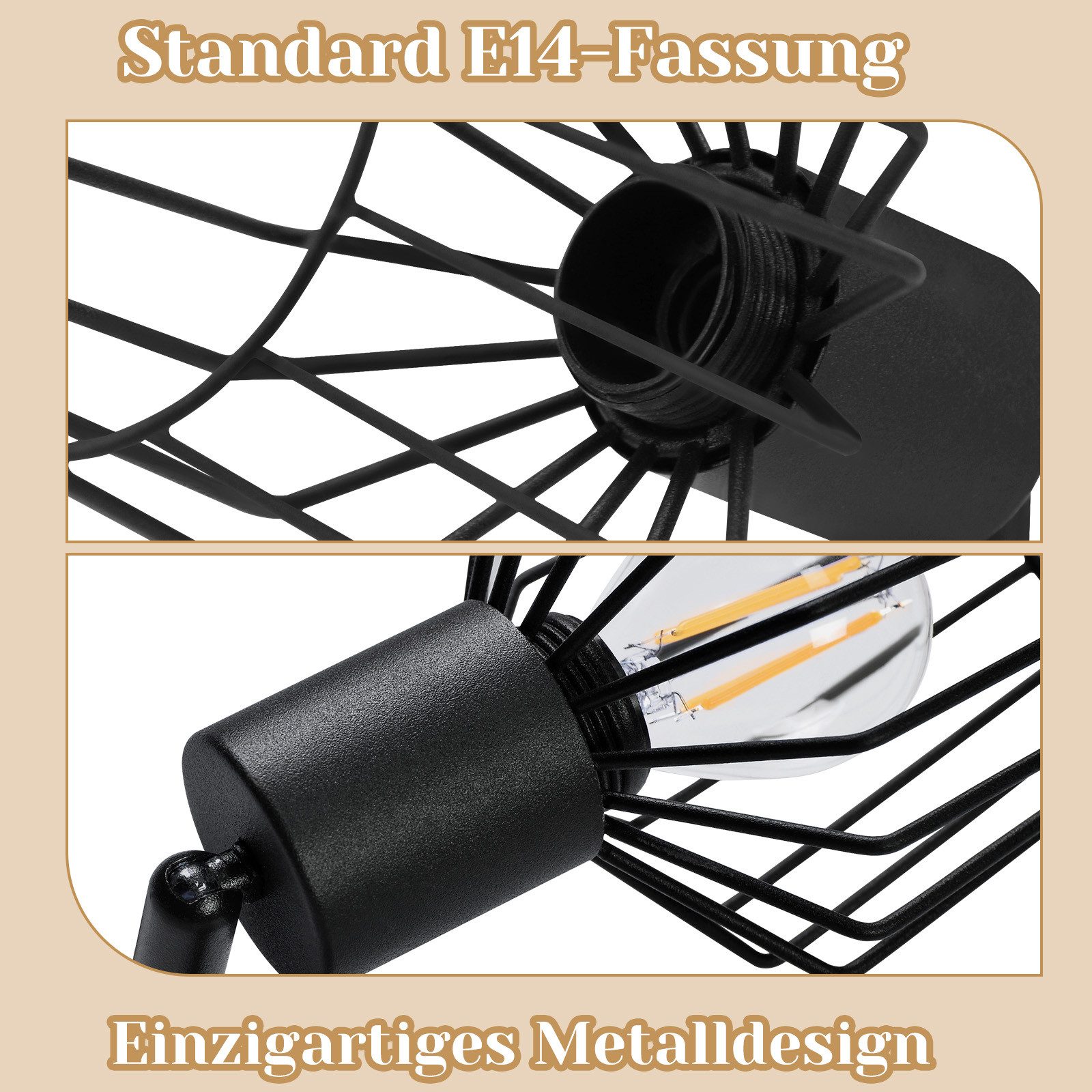 ZMH Deckenleuchte Wohnzimmer Schwarz/ Weiß 4 Flammig Deckenstrahler Drehbar 350° Flur, Metall Retro Deckenstrahler 90° Drehpunkt, ohne Leuchtmittel, IP20 Staubg – Bild 5 von 5