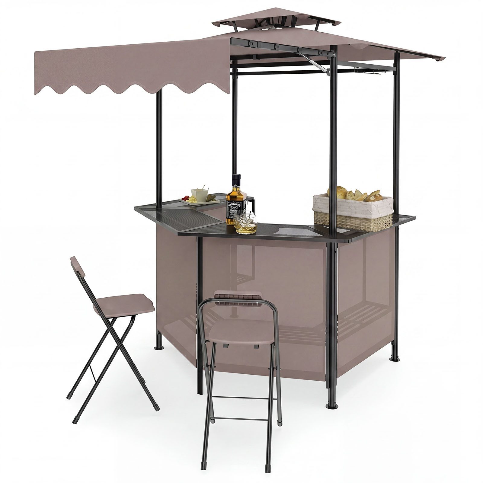 COSTWAY Gartenbar-Set, (3-tlg), Gartenpavillon mit Bar, 2 klappbaren Barhocker