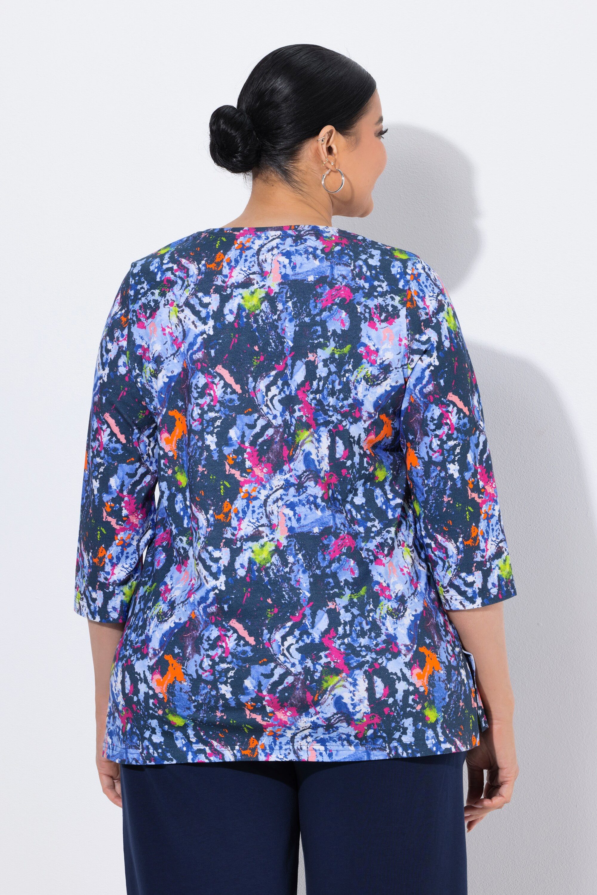 Ulla Popken Longshirt Shirt grafischer Druck V-Ausschnitt 3/4-Arm