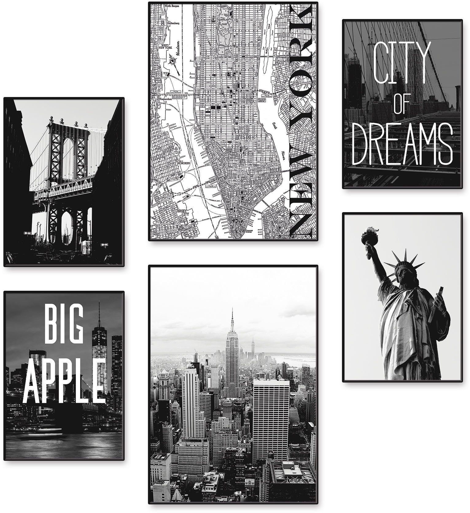 Artland Poster Wahrzeichen von New York, Amerika (6 St), Poster, Wandbild, Bild, Wandposter