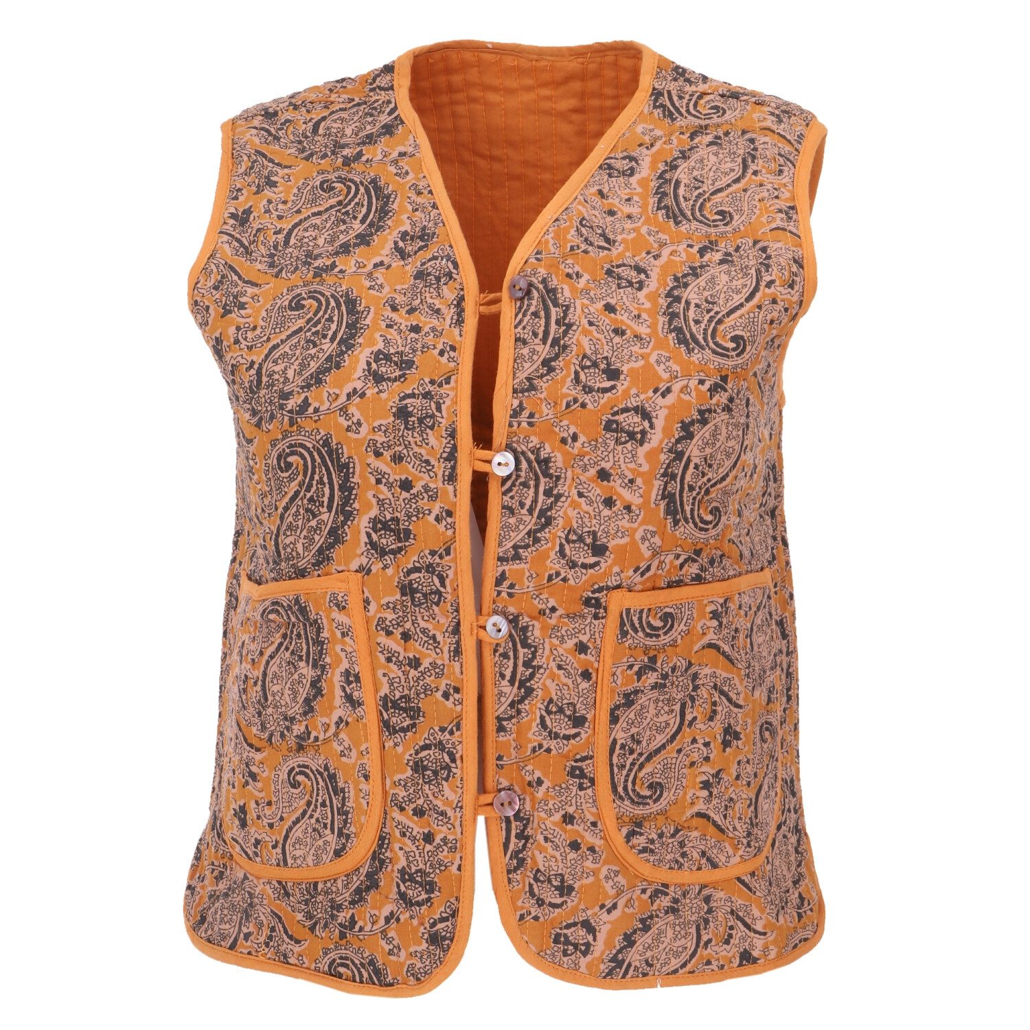Guru-Shop Langjacke Steppweste, Blockdruck Boho Weste - kurkuma alternative Bekleidung