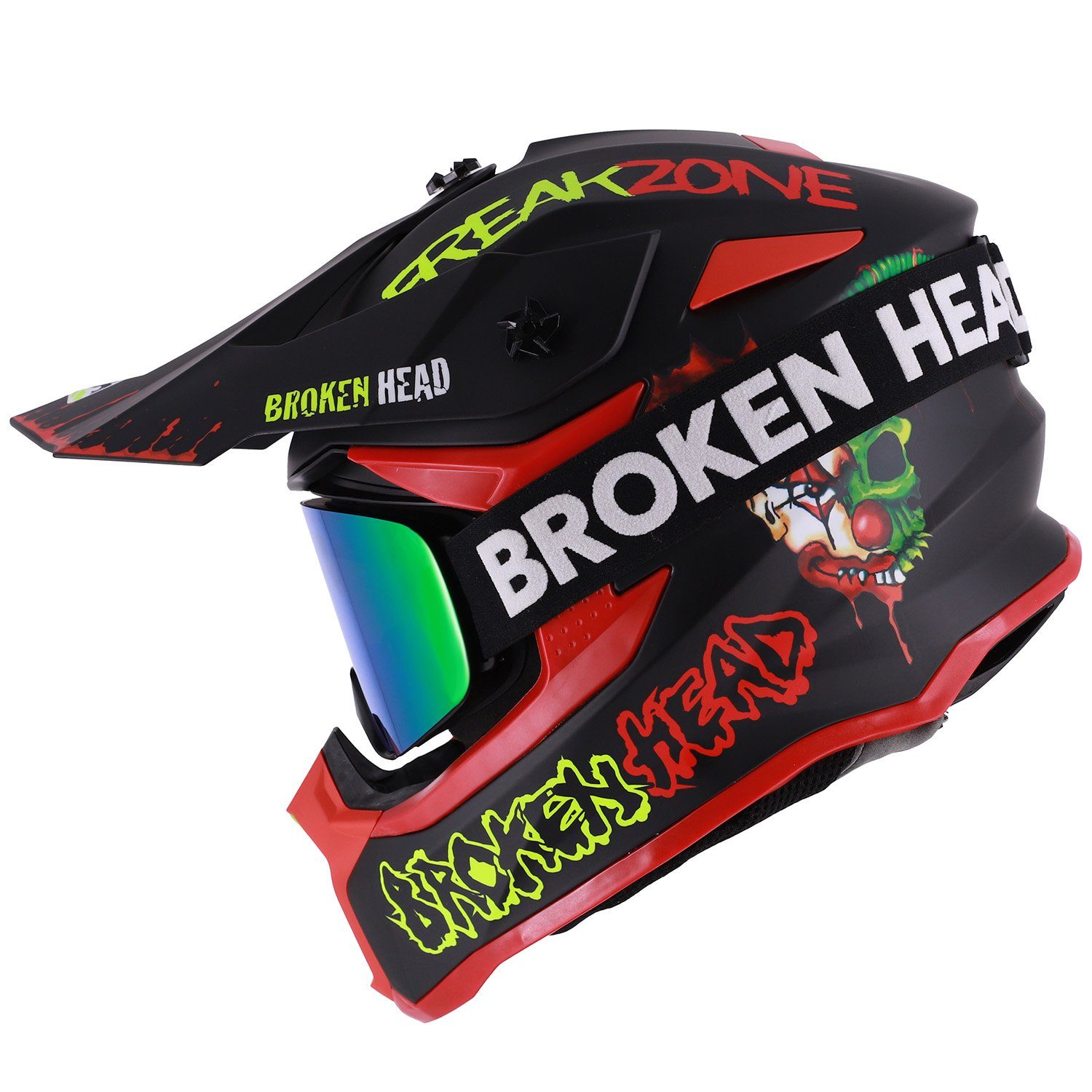Broken Head Motocrosshelm Freakzone Schwarz-Rot-Grün (Mit MX-Struggler Grün), Mit verrücktem Design!