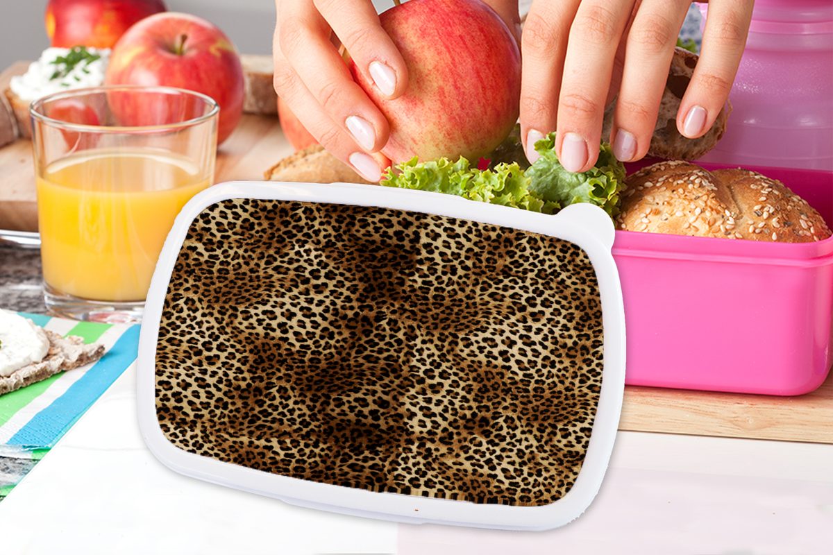 MuchoWow Lunchbox - Mädchen, Brotdose Snackbox, (2-tlg), - Kunststoff Leopard Tiere, Kinder, Erwachsene, Brotbox Muster rosa für Kunststoff