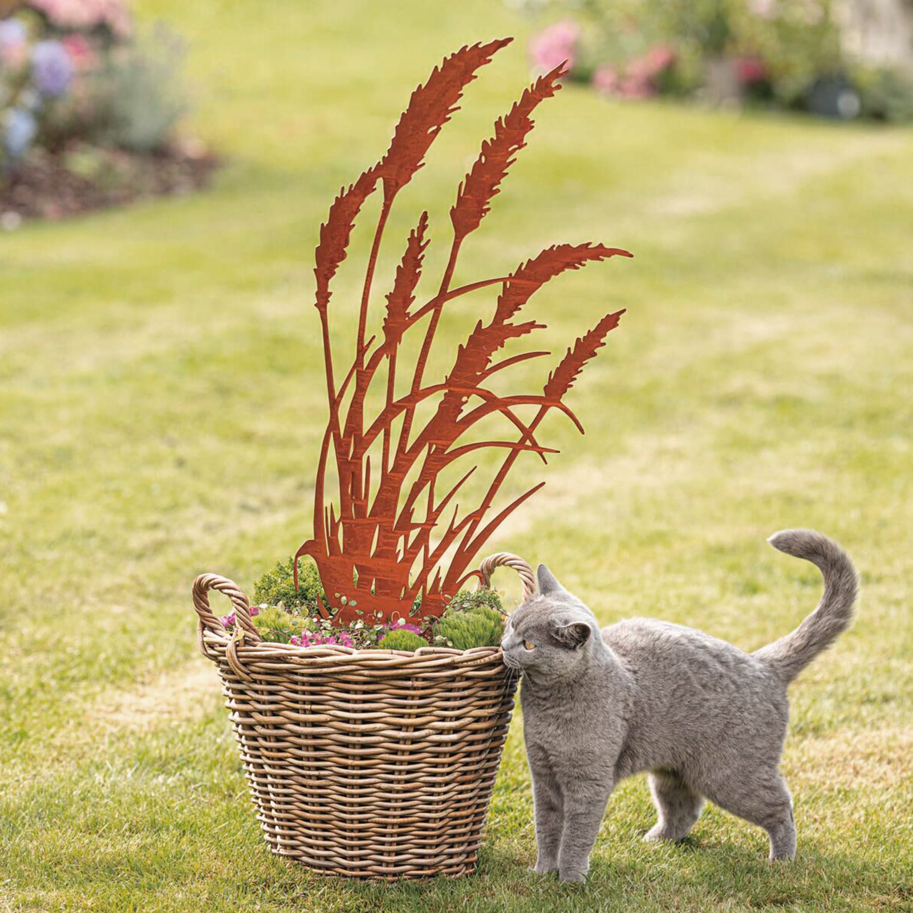 Dekoleidenschaft Gartenstecker "Schilf" Metall mit Echt Rost, Roststecker 95 cm hoch, Dekostecker Metallstecker, Blumenstecker, Outdoor Gartendeko für Draußen