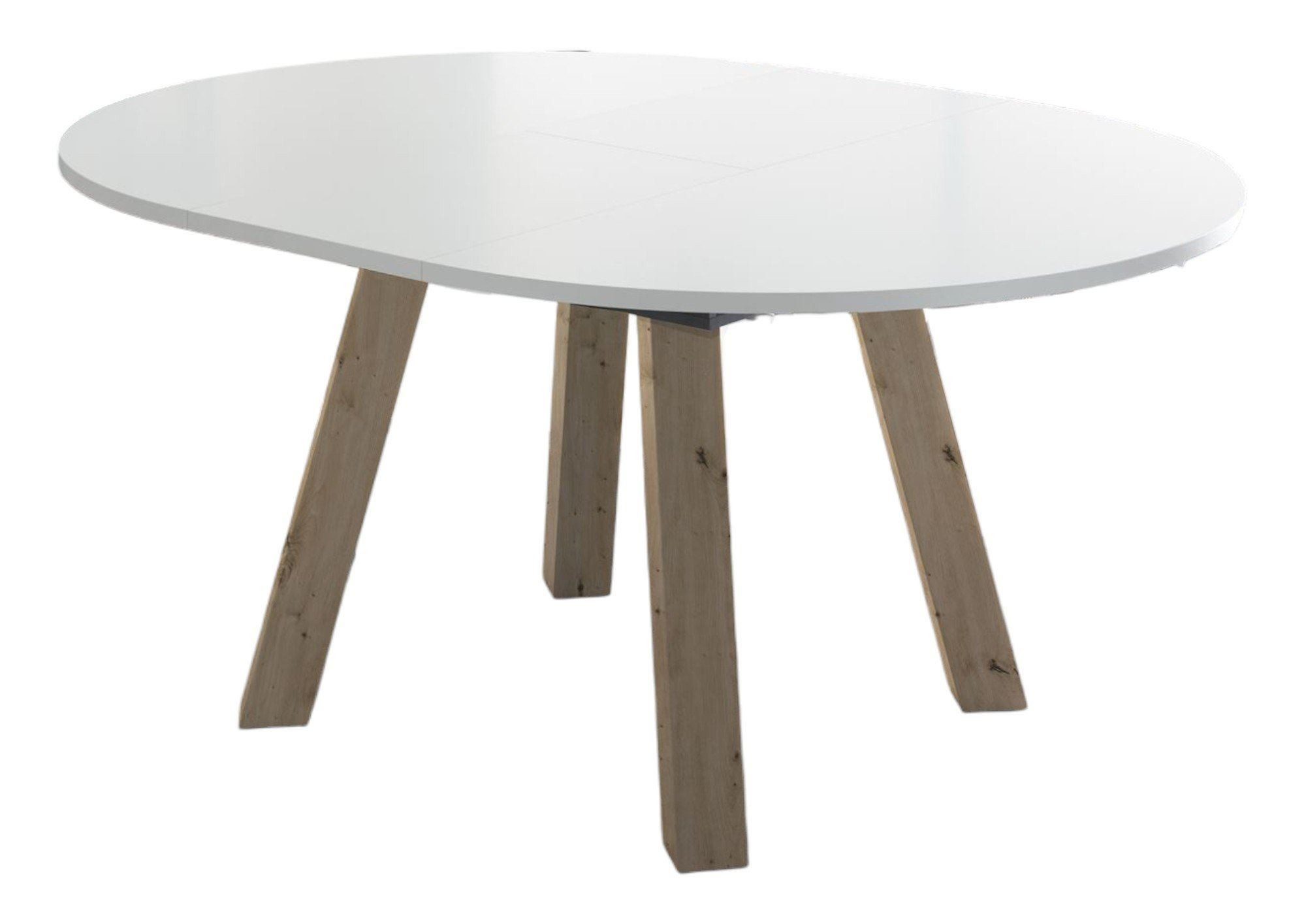 58 aufm Kessel Esstisch Rund ausziehbar Edda 1 Ø 110 cm Küchentisch Asteiche/Weiß Matt Lack (inkl. Lieferung, Esszimmertisch), Esszimmertisch erweiterbar auf 150 cm 4-Fuß Gestell schräggestellt