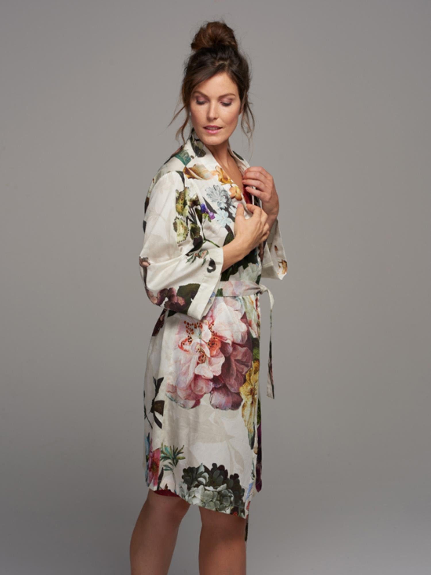 wunderschönem Kimono-Kragen, Kimono Kurzform, Essenza Blumenprint mit Gürtel, Fleur, Baumwolle, Ecru