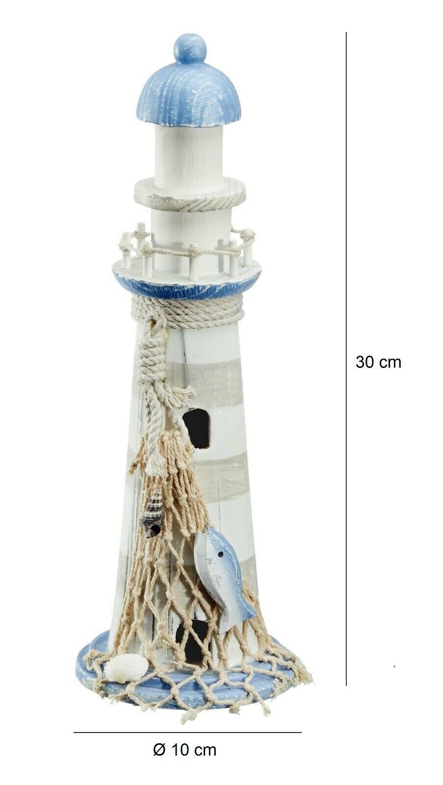 Meinposten Dekoobjekt Leuchtturm St) Netz blau-weiß Holz Maritim (1 Muscheln Deko & Strand weiß Dekoration m. Meer blau