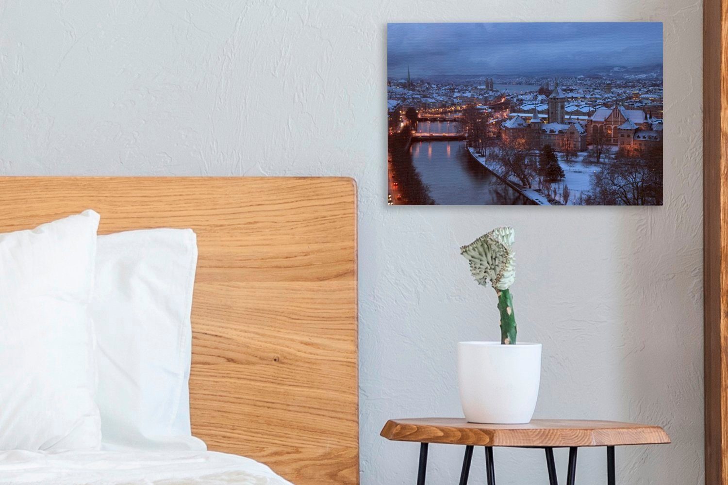 OneMillionCanvasses® Leinwandbild Winter in bei Aufhängefertig, Wanddeko, (1 cm 30x20 Wandbild St), Zürich Nacht, Leinwandbilder