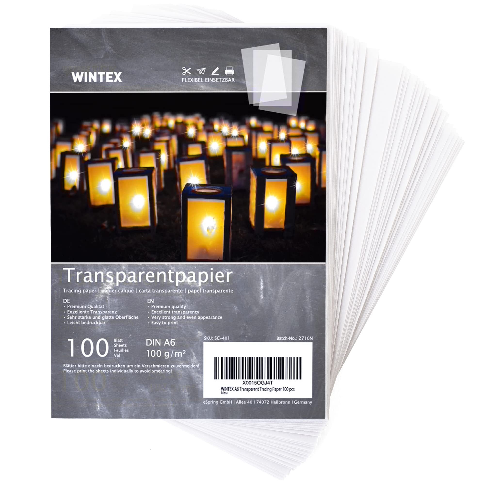 WINTEX Transparentpapier 100 Blatt Transparentpapier DIN A6-100 g/qm Schnittmusterpapier, 100 Blatt Transparentpapier DIN A6, weiß, 102 g/qm