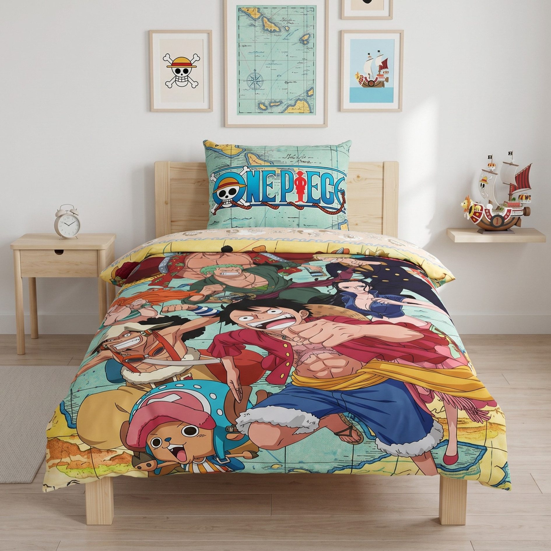 MTOnlinehandel Bettwäsche One Piece Anime 135x200+80x80 cm Ruffy und seine Piratencrew, Microfaser, 2 teilig, Manga, Monkey D. Ruffy, Sanji, Nico Robin, Nami, Tony Tony Chopper