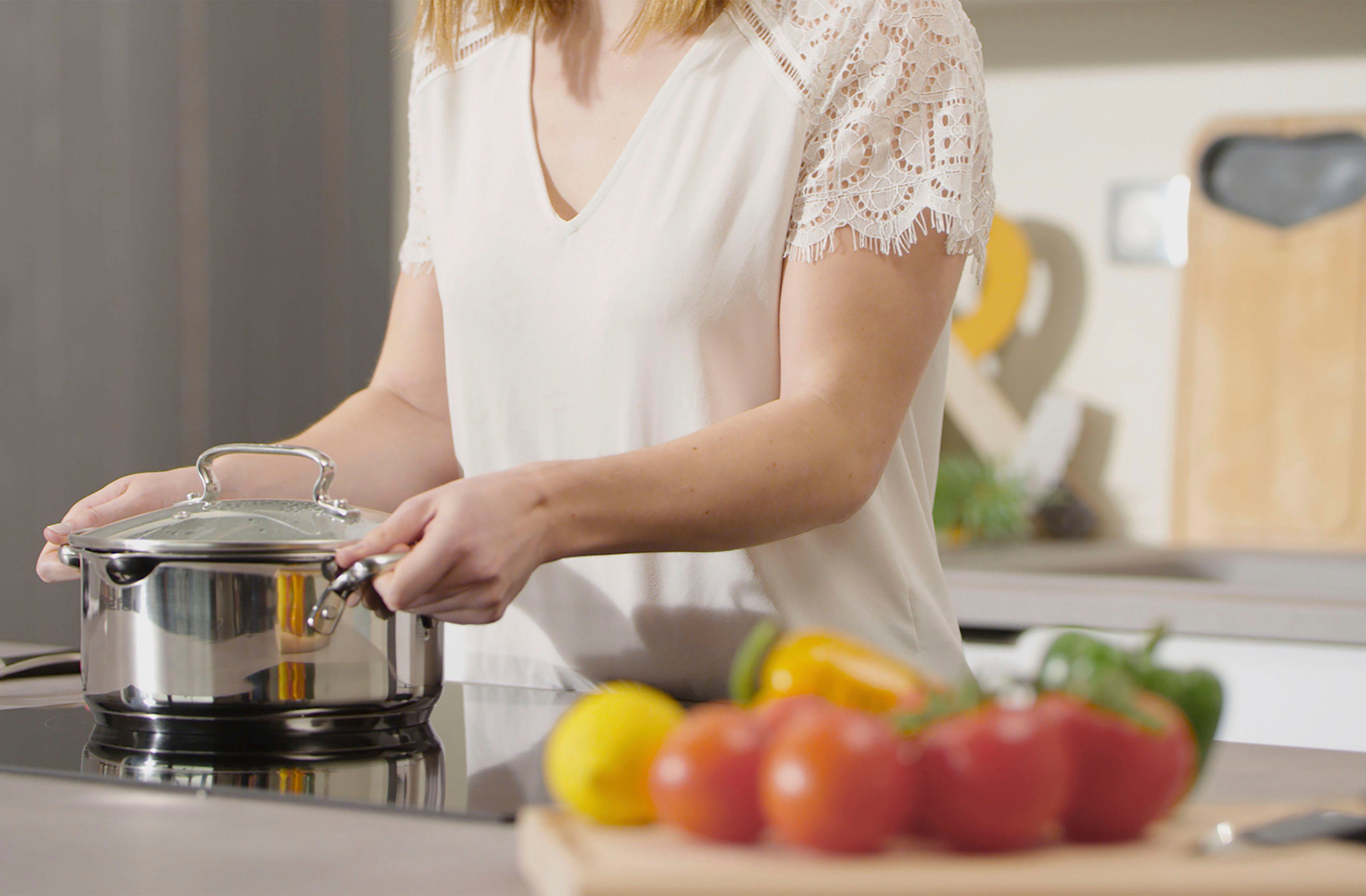 Tefal Topf-Set G719S7_K2323S74 Duetto+ Ice Force, Edelstahl (Set, 10-tlg., Kasserolle 16 cm, Töpfe mit Deckel 16/20/24 cm), rostfreier Edelstahl, Deckel m. Abgießfunktion, inkl. 3tlg. Messer-Set