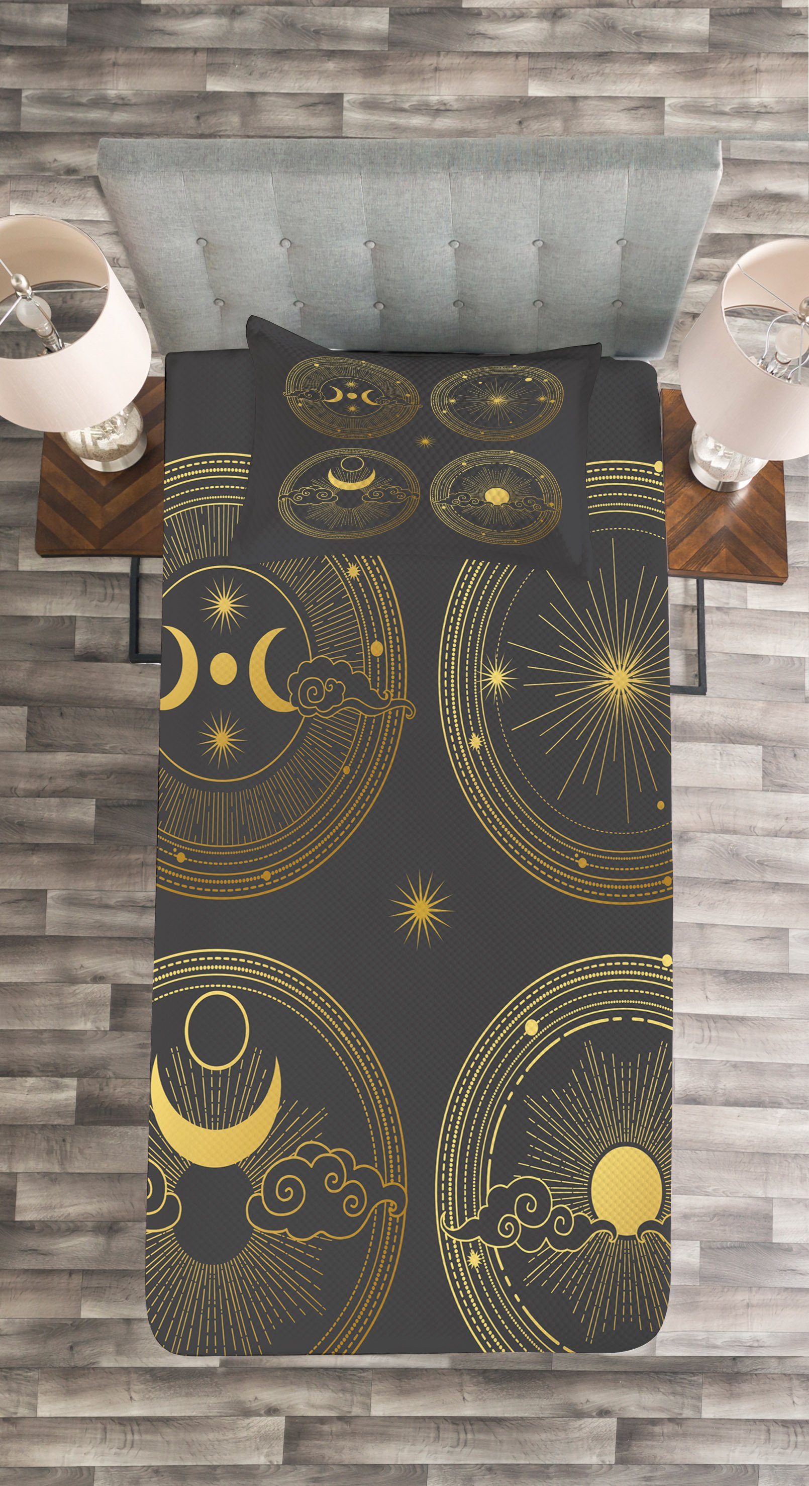 Astronomische mit Tagesdecke Kissenbezügen Sonne Abakuhaus, und Waschbar, Antike Set Mond