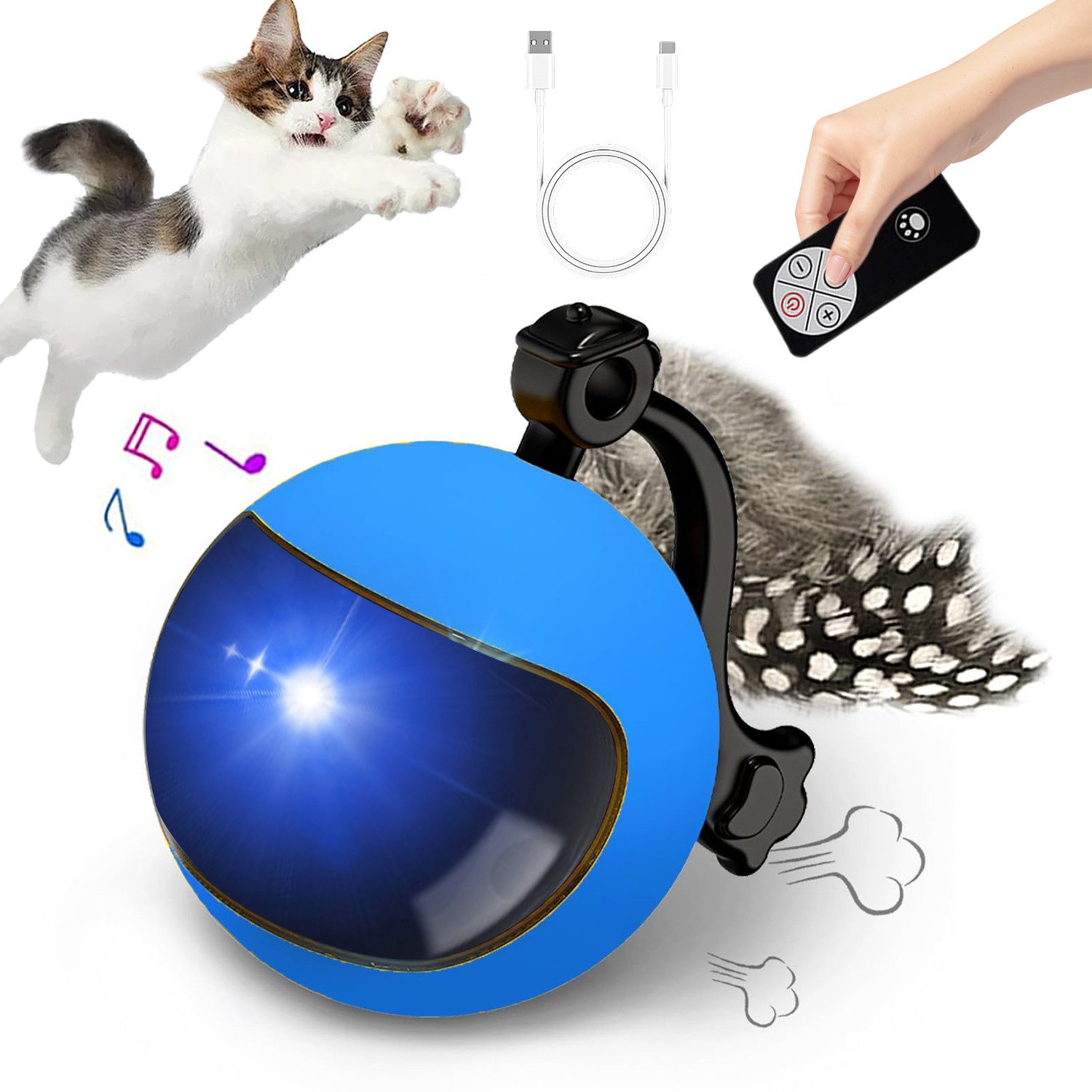 MOPUEA Tier-Intelligenzspielzeug Katzenball Interaktives Katzenspielzeug Ball mit Fernbedienung und LED, 7.7×5.3×6.5cm, mit Federschwanz und Glocke, LED-Lichter in vier Farben (1-tlg) In zwei Farben erhältlich: gelb, blau, perfekt für den Innenbereich von MOPUEA