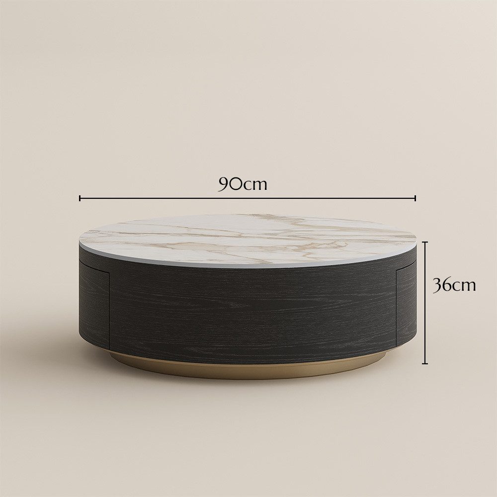 POVISON Couchtisch runde Trommelform aus kratzfestem Sinterstein, Ø 90/100 cm (1-St), moderner Wohnzimmertisch mit Schubladen und goldener Metallunterlage