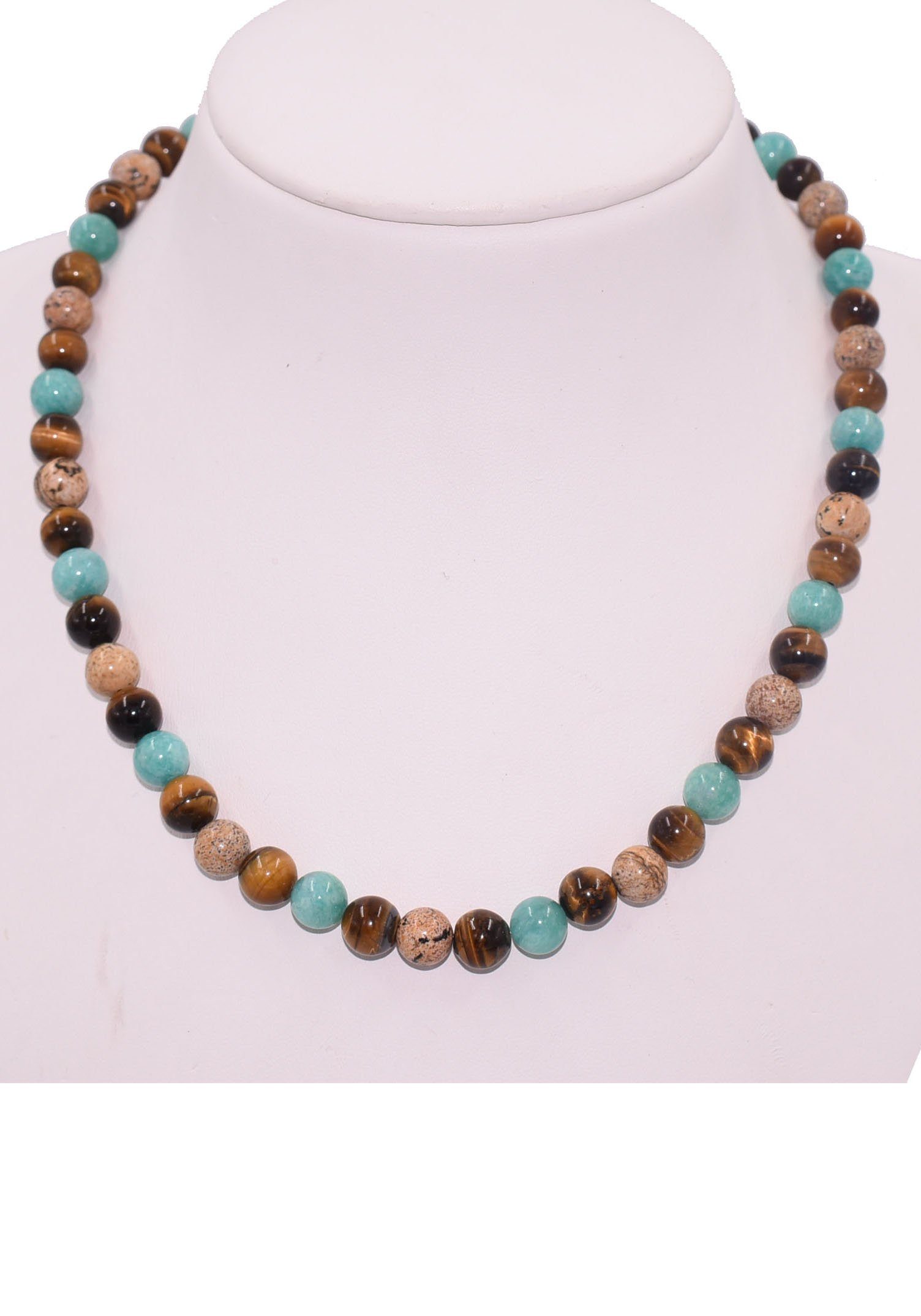 Firetti Collier Schmuck Geschenk Halsschmuck Halskette Farbstein Edelstein Tigerauge, Made in Germany - mit Amazonit, Jade, Tigerauge