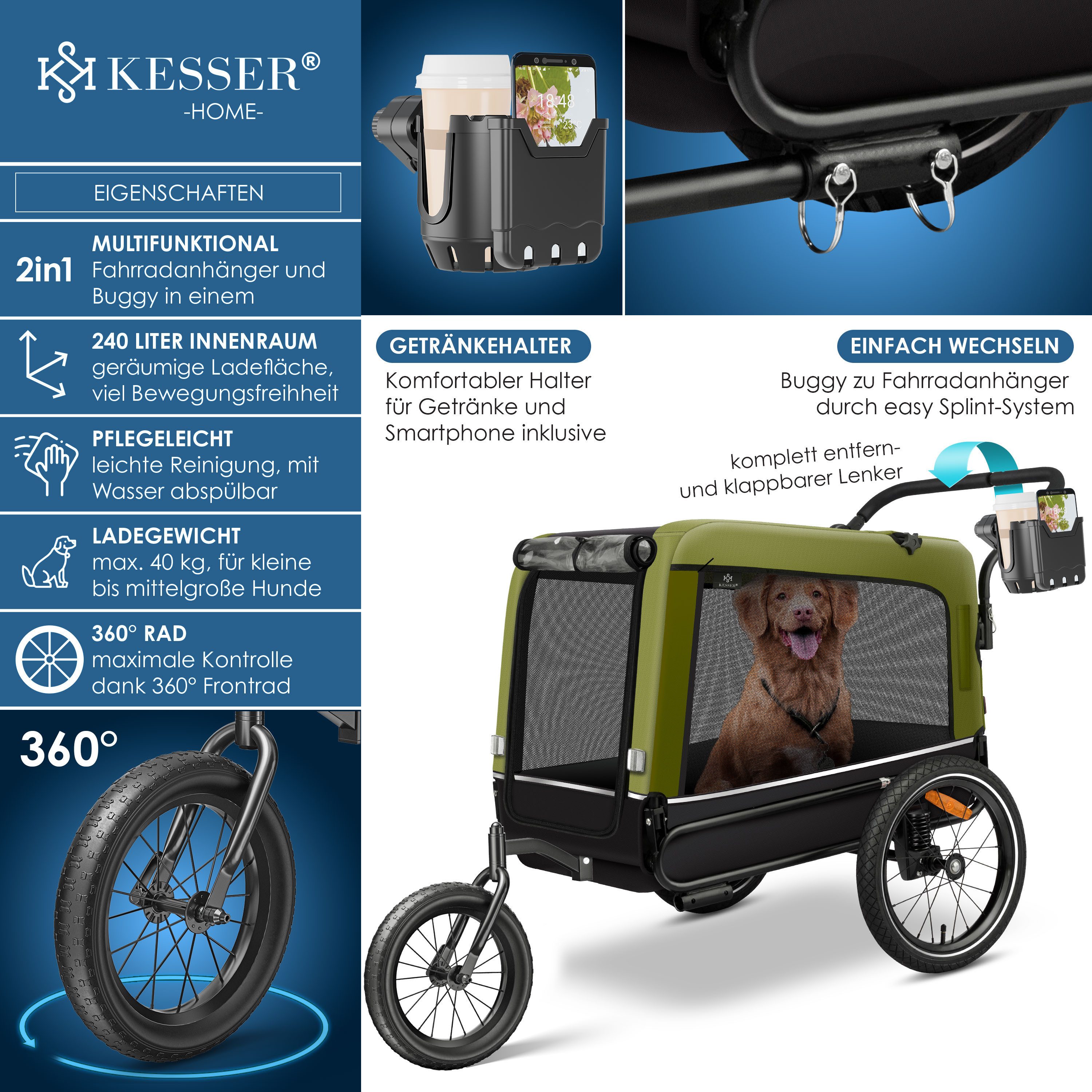 KESSER Fahrradhundeanhänger, Hundeanhänger Boxer 3-in-1 Hundebuggy Jogger Fahrradanhänger