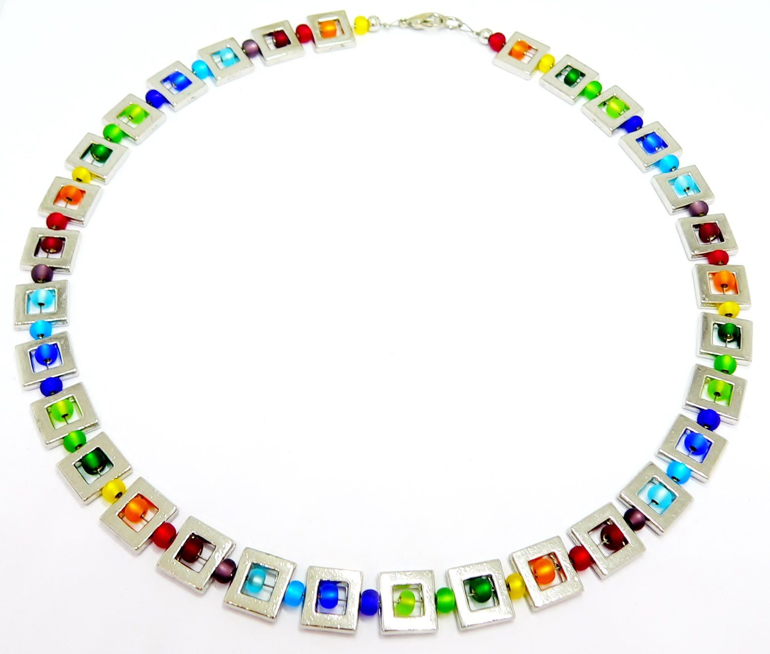 traumschmuck Collier 135s Halskette Metallrahmen Glasperlen Silbereinzug seidenmatt bunt (Geschenk, Muttertag, Weihnachten, Geburtstag, Valentinstag, incl. Schmuckbox), handgefertigt, Made in Germany