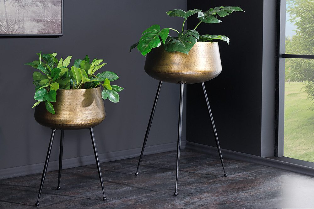 riess-ambiente Übertopf FLOWERS 65cm messing gold / schwarz · Blumentopf mit Füßen/Ständer (Set, 2 St), Wohnzimmer · Pflanzgefäß · Hammerschlag-Design · orientalisch
