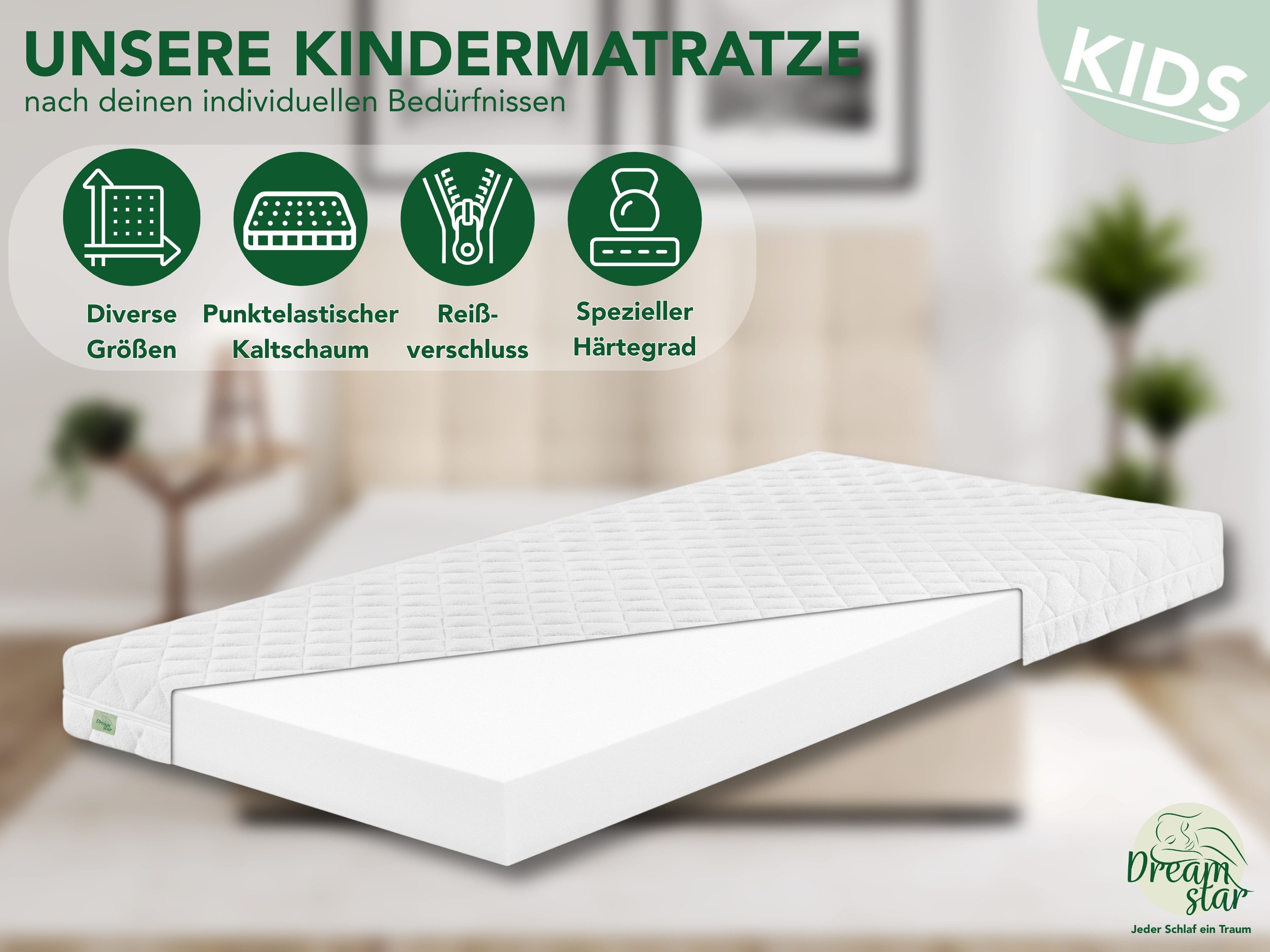 Kindermatratze Babymatratze, Jugendmatratze, Atmungsaktiv & Waschbarer Bezug, Dreamstar, 9 cm hoch, ohne Spannbettlaken (60x120, 70x140, 80x160, 90x200, 120x200, 140x200)