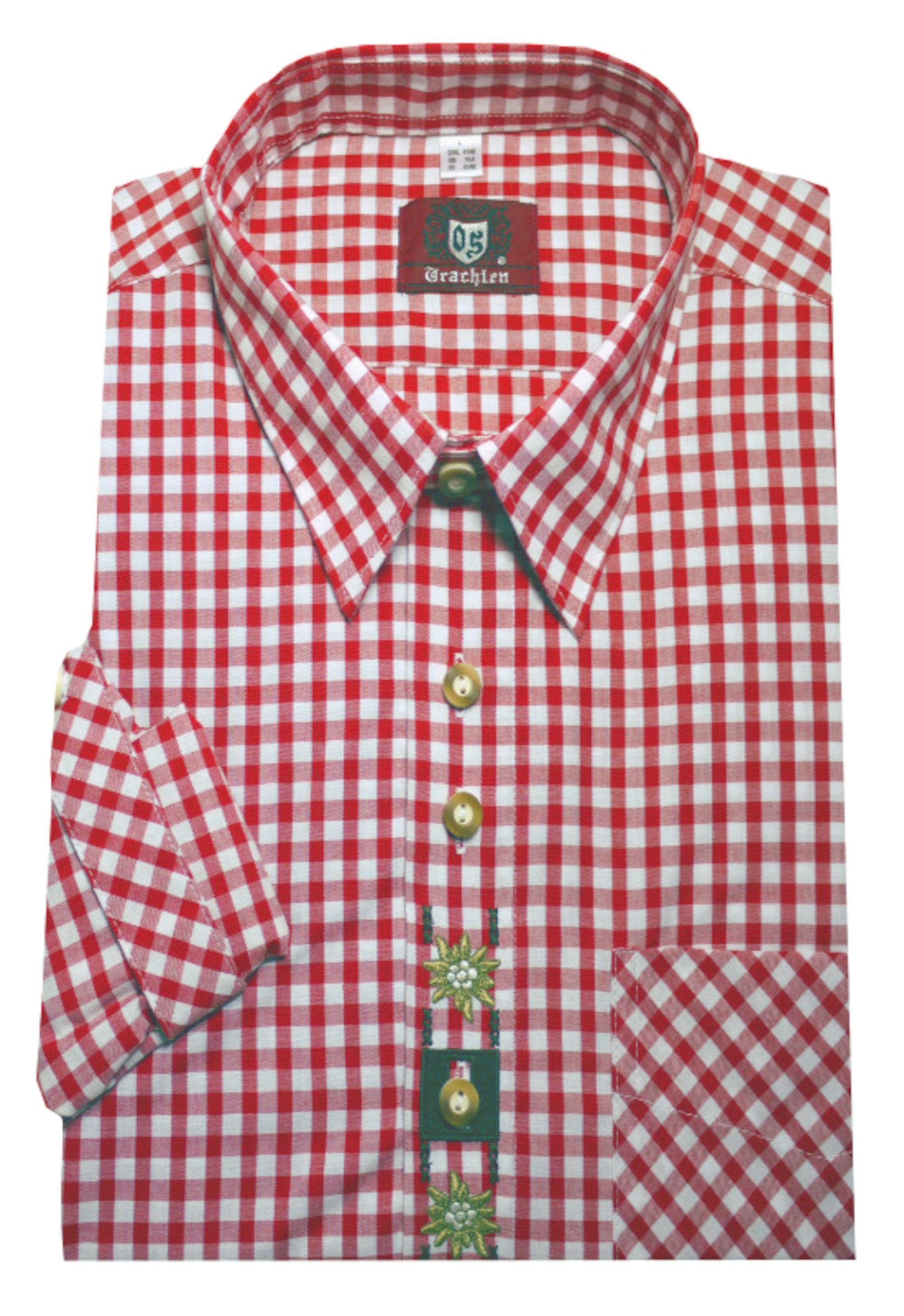 OS-Trachten Trachtenhemd TH-0108 Stickerei Krempelarm Fit-bequemer rot Kentkragen, gerader Schnitt Regular