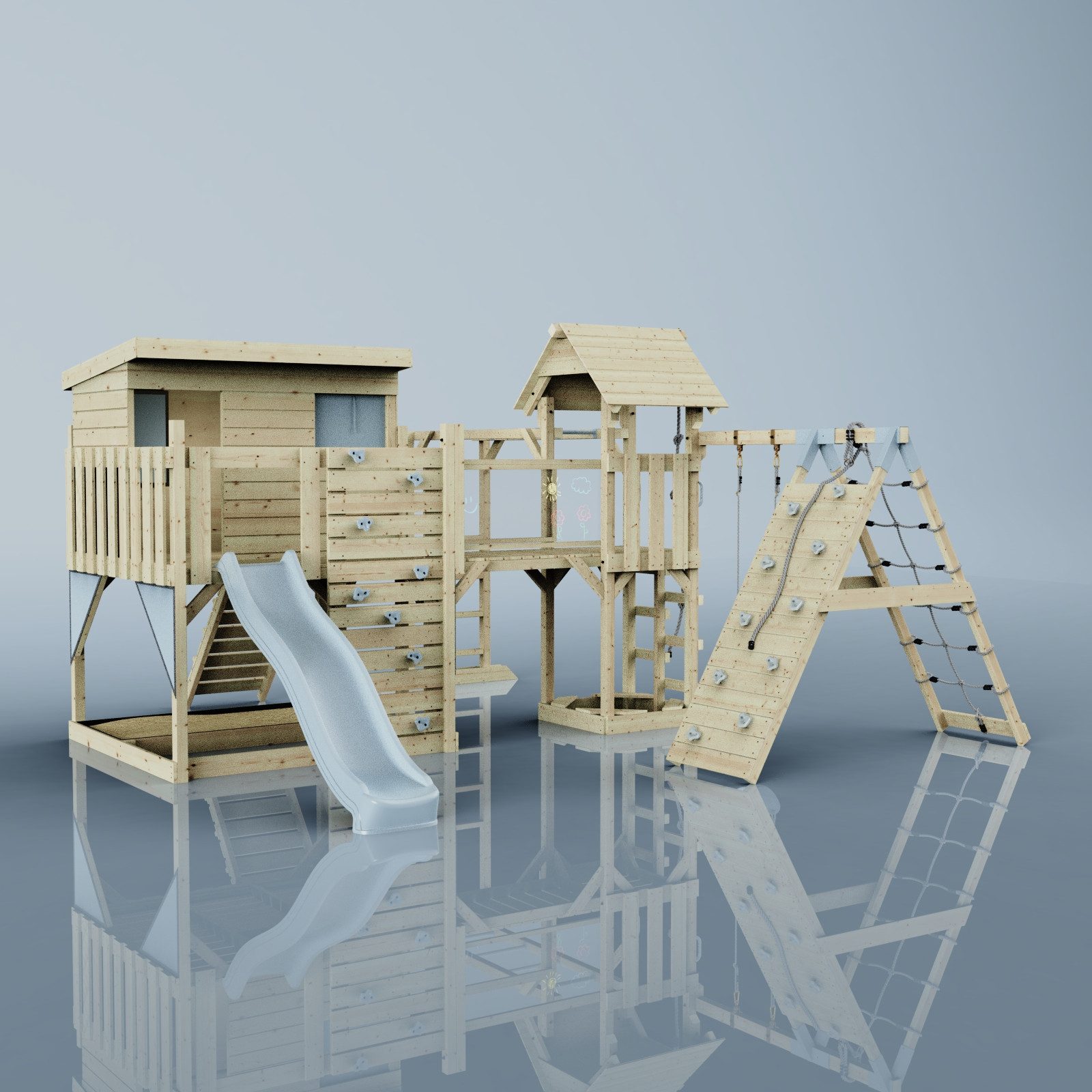 OutdoorToys Spielturm Bene, aus Holz in Eisblau mit Kinderschaukel & Rutsche, Kletterwand