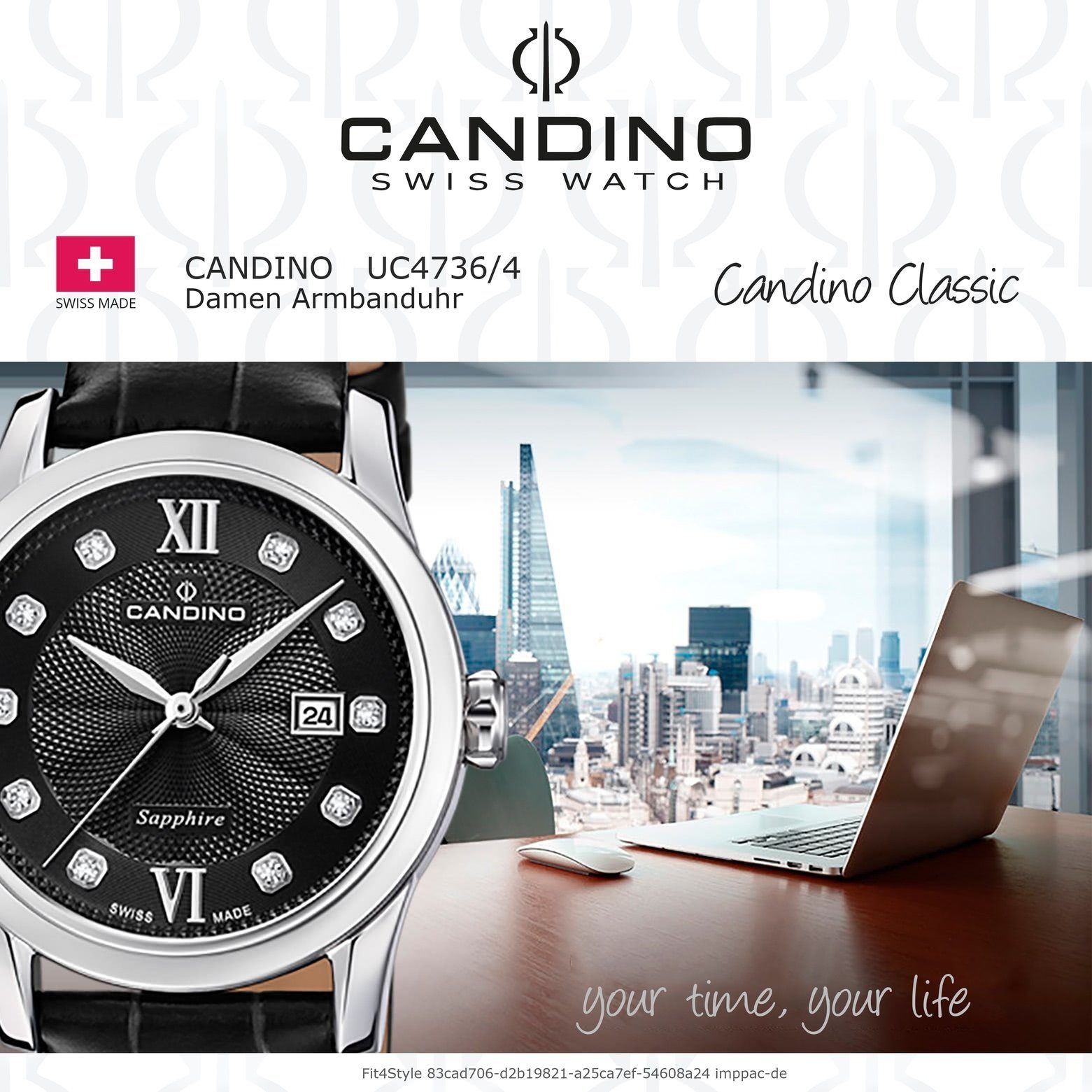 Armbanduhr schwarz Candino rund, Classic, Quarzuhr Damen Damenuhr Edelstahlarmband Candino