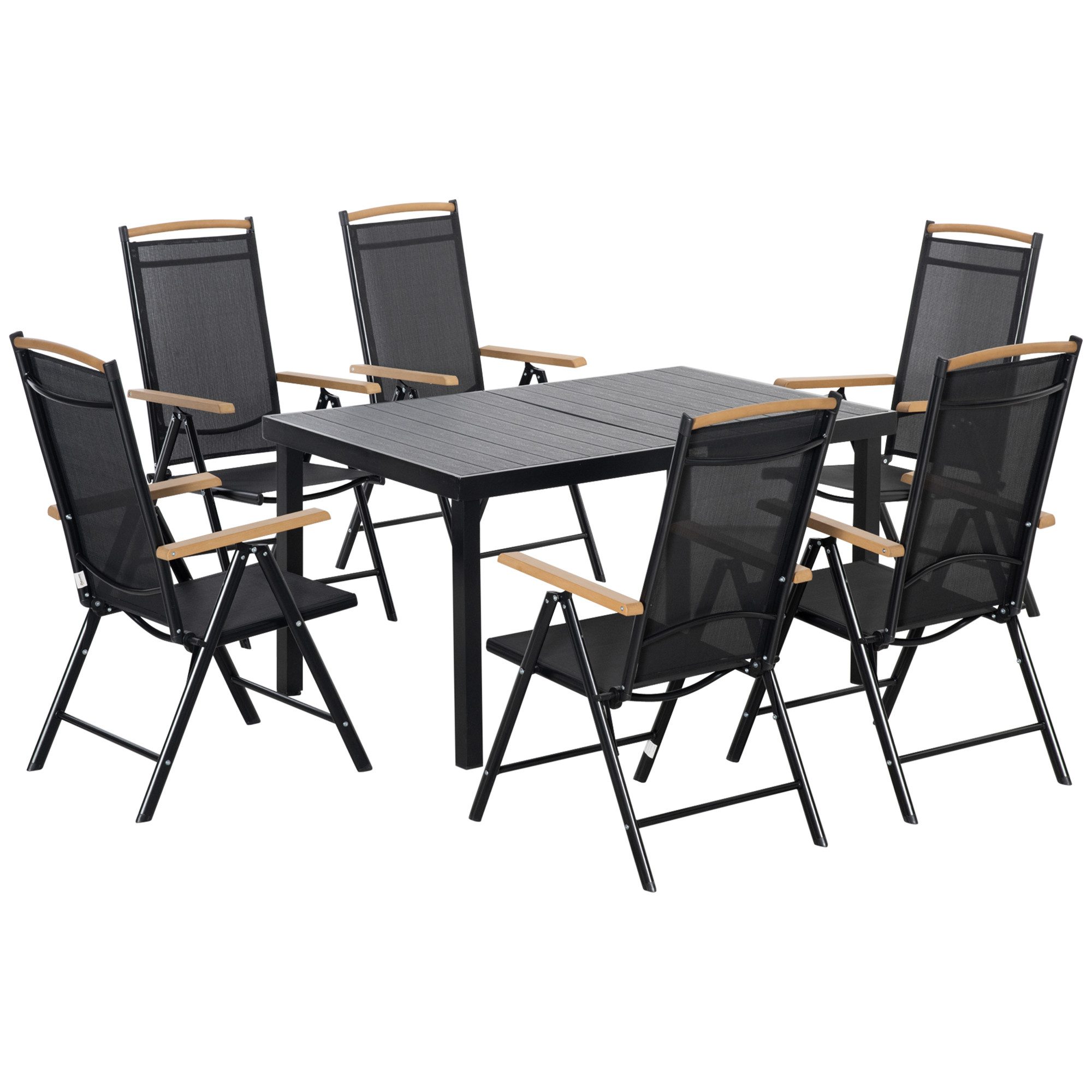 Outsunny Garten-Essgruppe Sitzgruppe klappbar 7tlg. 1 Tisch+6 Stühle Gartenmöbel Set, (Balkonmöbel, 7-tlg., Balkonset), Schwarz 140L x 90B x 74H cm