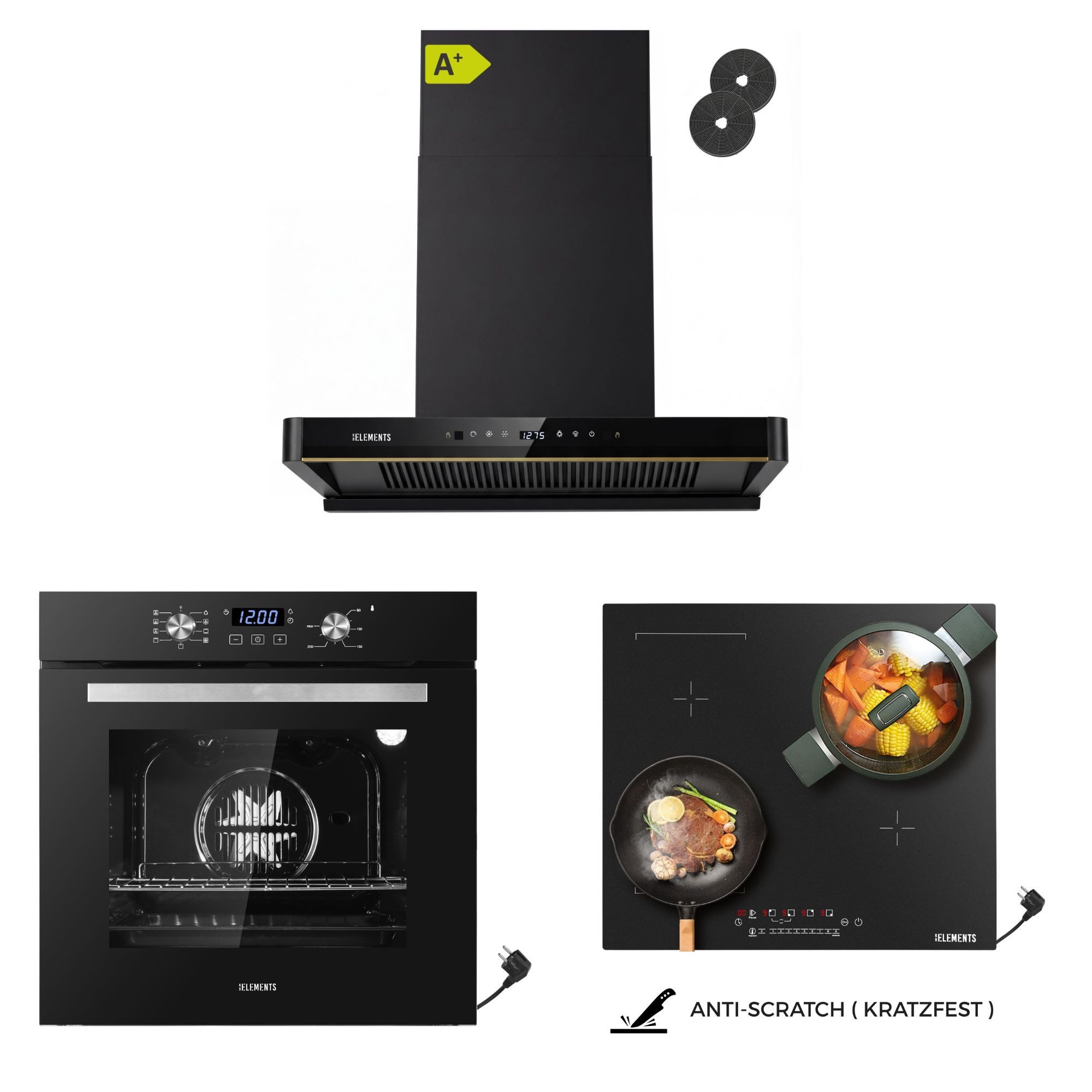 KB Elements Induktions Herd-Set KB-ELEMENTS Herdset Backofen 60cm, Kratzfestes Induktionskochfeld 60cm, Air Fry, Steam Clean, Kratzfeste Oberfläche, EU-Stecker