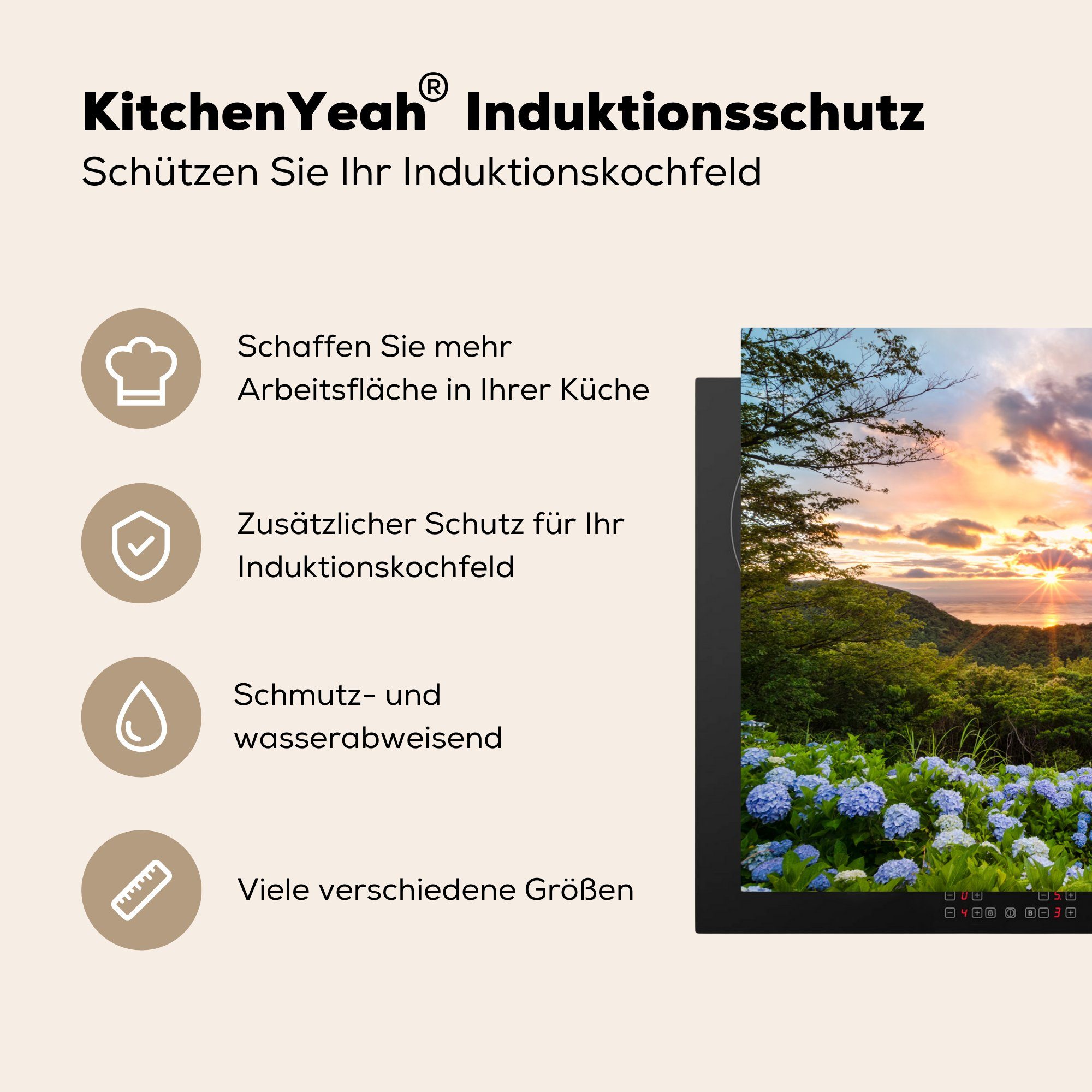 im (1 Schutz Induktionskochfeld tlg), Vinyl, MuchoWow Herdblende-/Abdeckplatte cm, 81x52 Hortensienblüten küche, Ceranfeldabdeckung die Sonnenuntergang, für