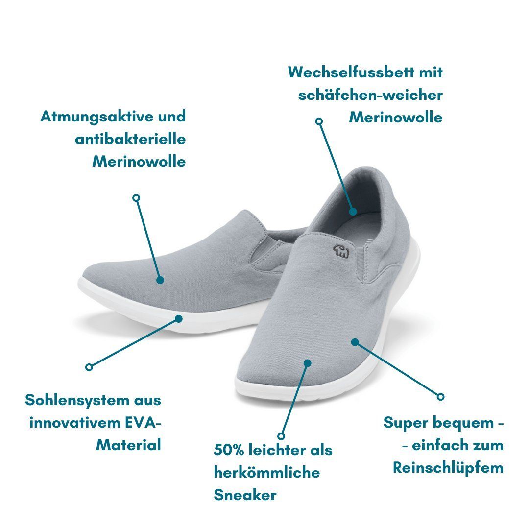 Damenschuh Sneaker Funktion merinoshoes.de Eleganter Merinowolle grauer Schuh merinos mit aus - Atmungsaktiver Slip-On