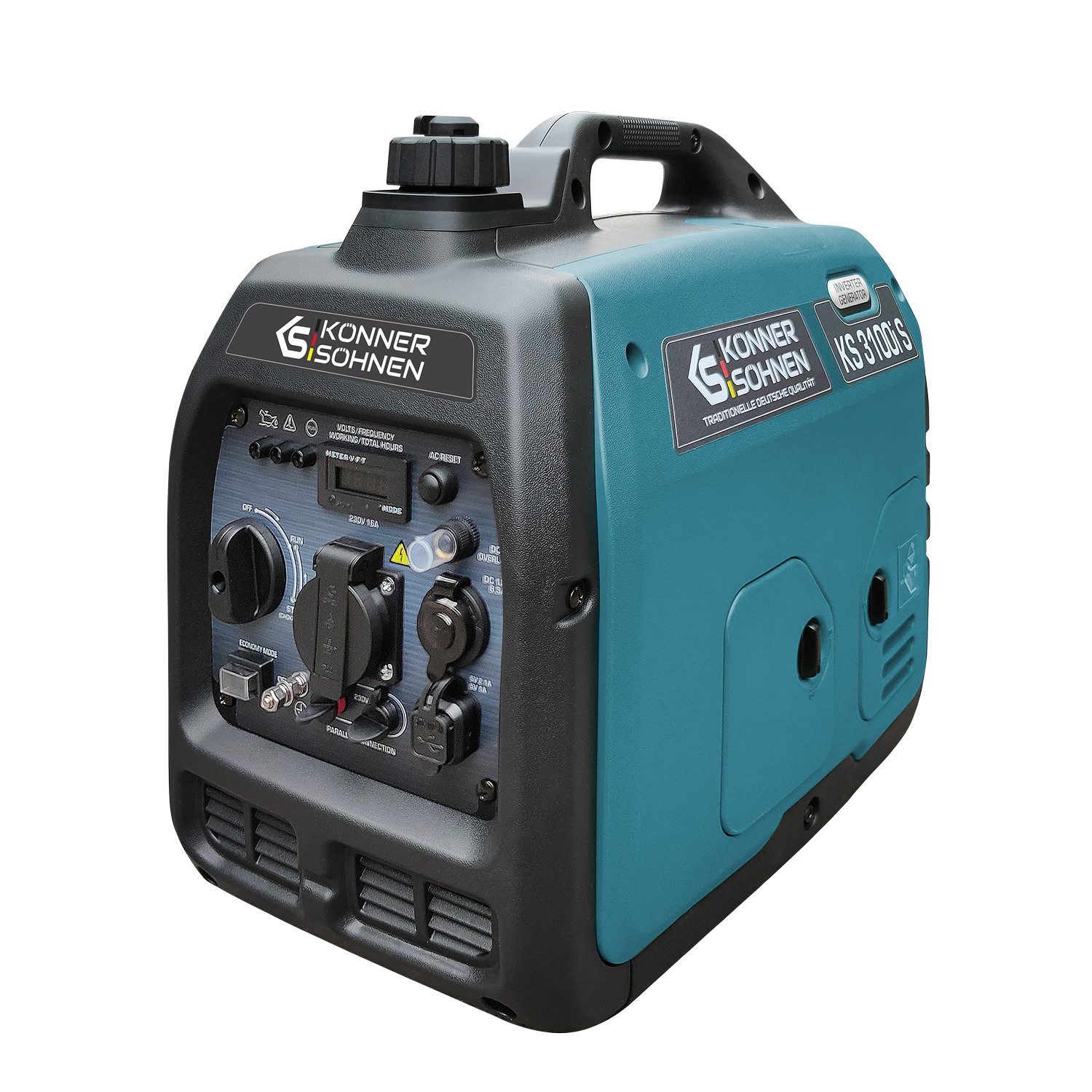 Könner & Söhnen Stromerzeuger KS 3100i S, 3,10 in kW, (Schallgedämmtes Gehäuse (63 dB Lpa 7 m), ECO-Modus, 1-tlg., Kupferwicklungen, Kurzschluss- und Überlastschutz, Abgasnorm EURO V), Kurzschluss- und Überlastschutz, Abgasnorm EURO V
