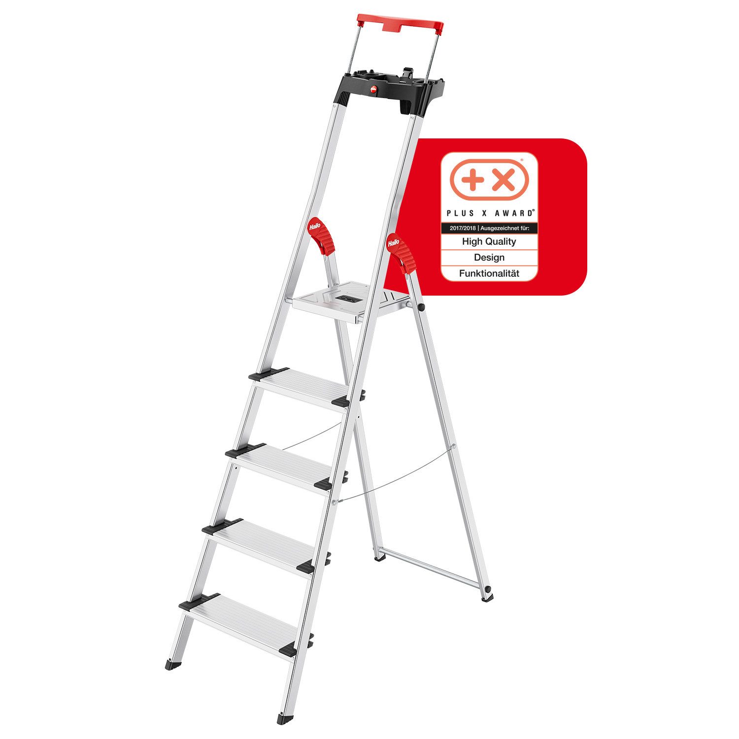 Hailo Trittleiter L85 ComfortLine Alu-Haushaltsleiter, Sicherheitsleiter mit 5 Stufen &, XXL-Alu-Stufen, Rutschsicherer Steckfuß