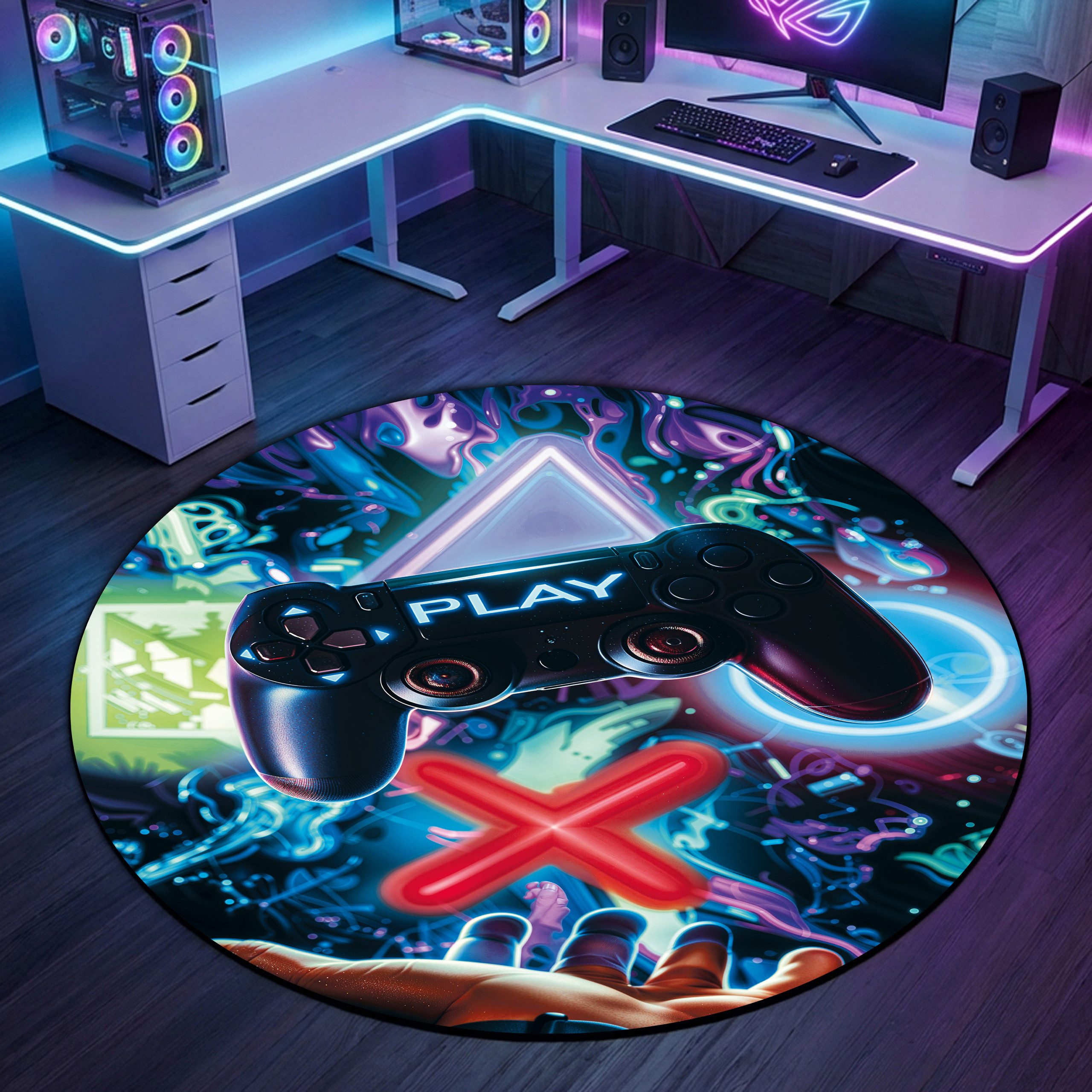 Carpetia Designteppich Gaming Style, rund, Höhe: 5 mm, mit grafischen Gaming-Motiven in Neon-Optik