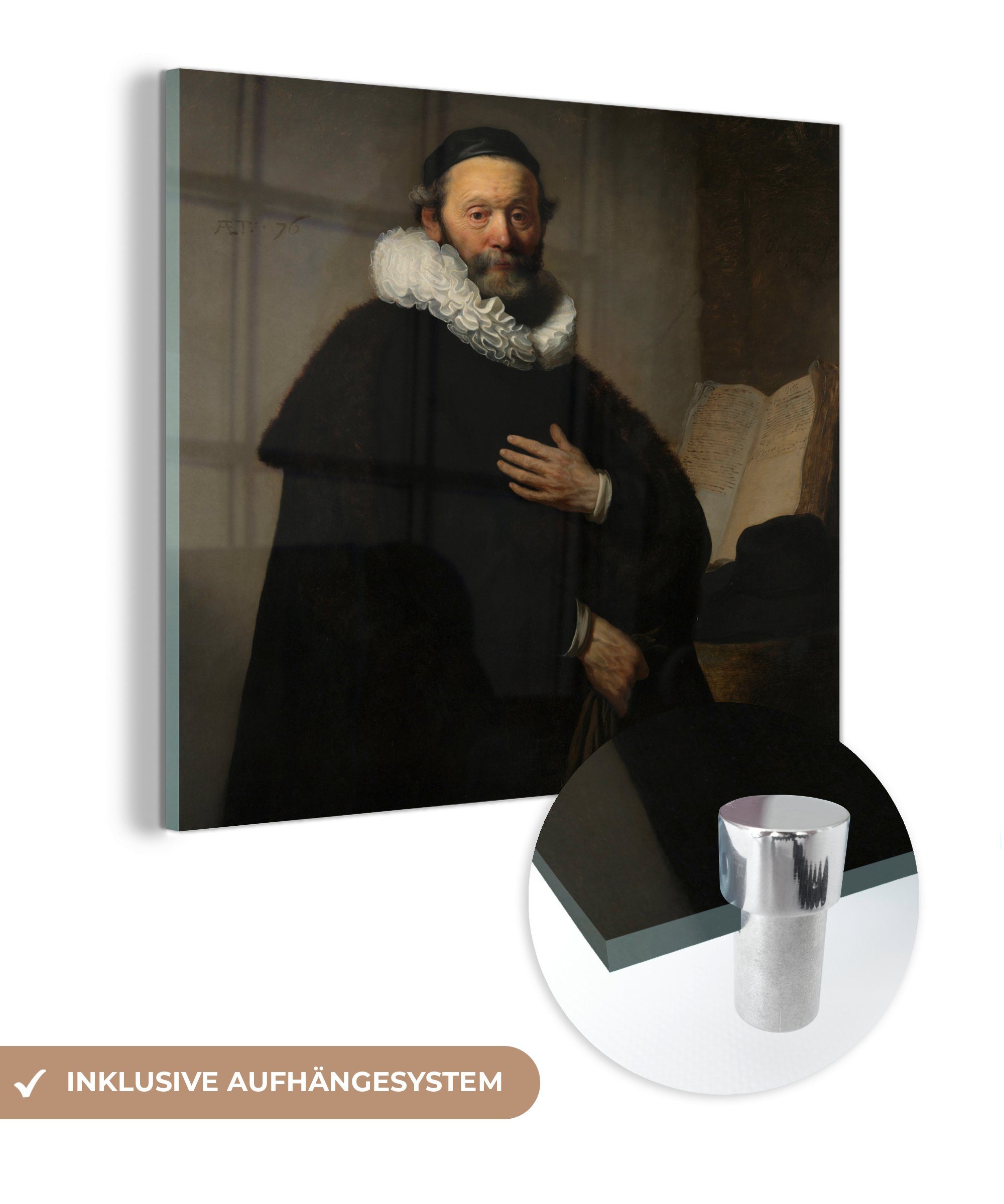 MuchoWow Acrylglasbild Porträt von Johannes Wtenbogaert - Rembrandt van Rijn, (1 St), Glasbilder - Bilder auf Glas Wandbild - Foto auf Glas - Wanddekoration