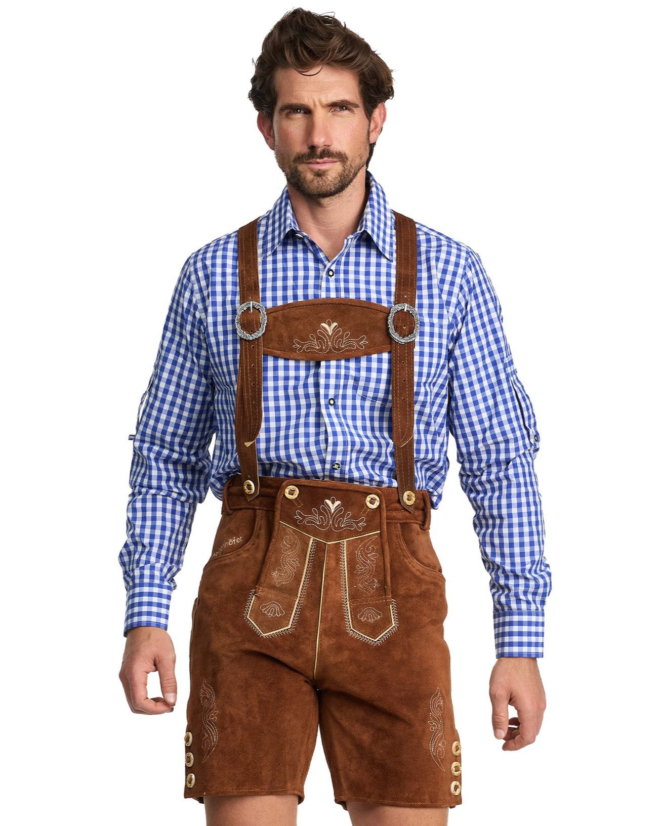 Lederhose Herren Set Mit Trägern & Hut - Kurze Trachtenlederhose Veloursleder Für Oktoberfest