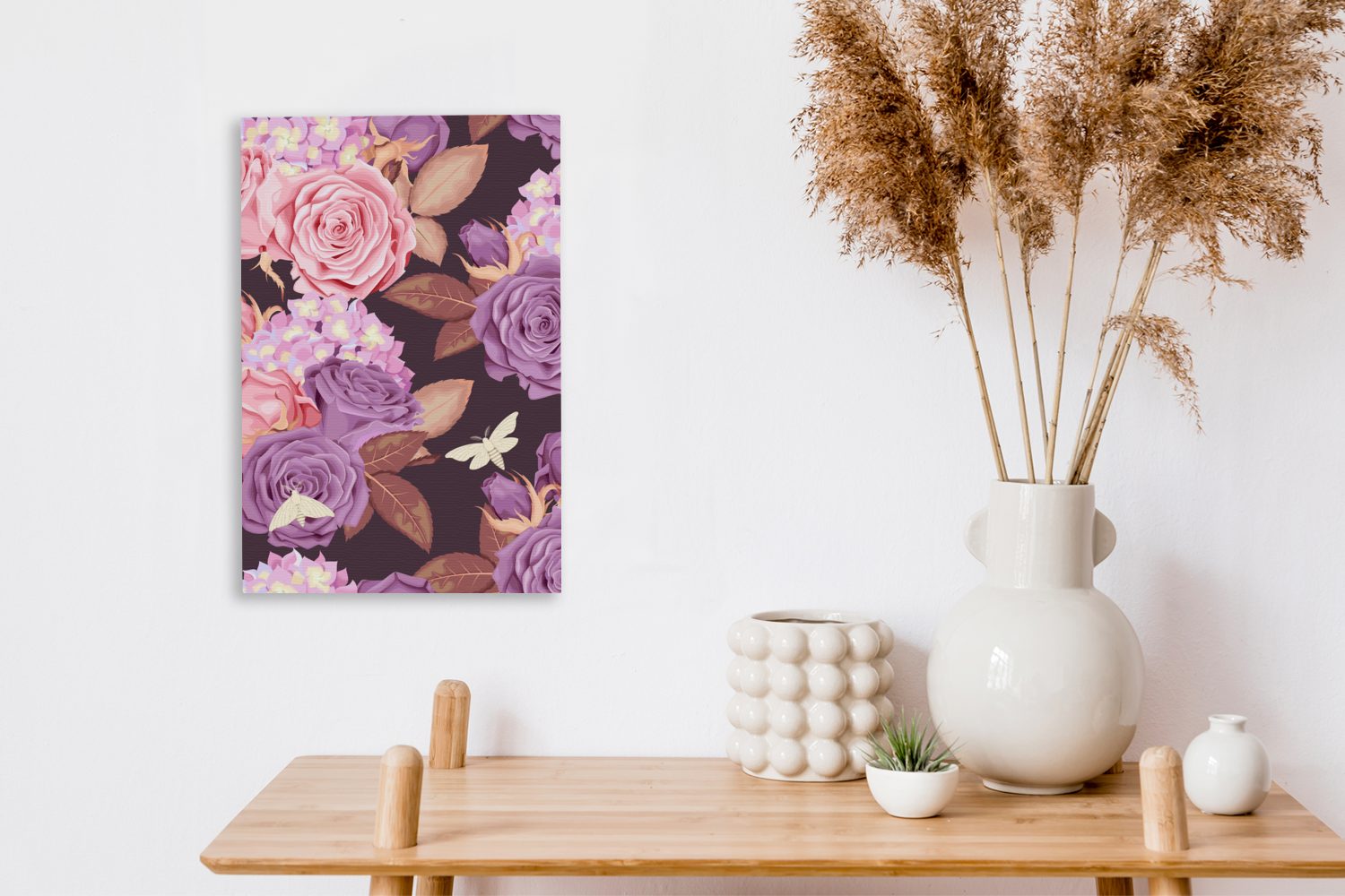Leinwandbild - cm OneMillionCanvasses® Zackenaufhänger, St), Blumen Schmetterlinge, fertig Gemälde, (1 bespannt Leinwandbild Lila - - Rosa inkl. 20x30
