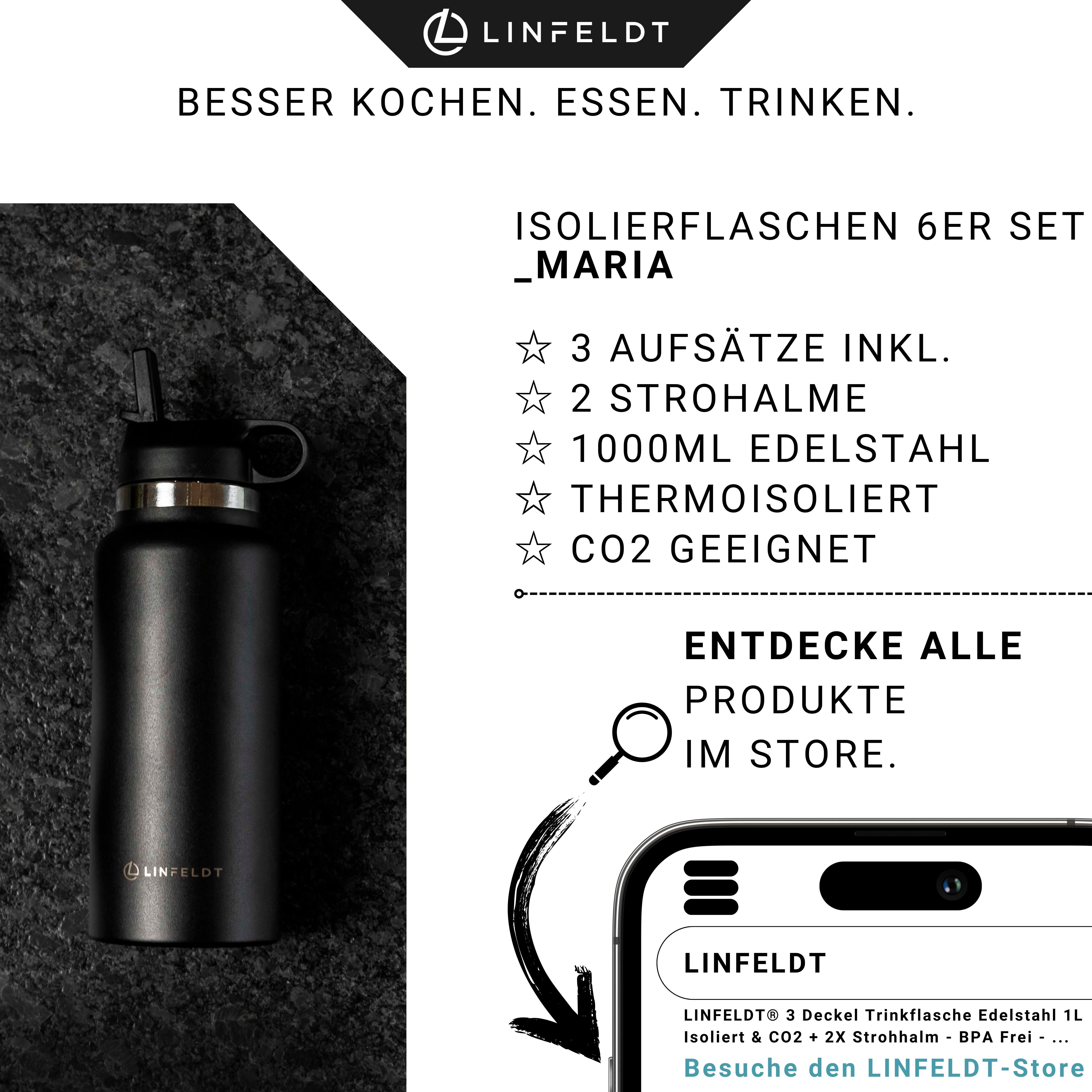 1000ml Schwarz 12H Deckeln + CO2 mit 3 Trinkflasche Heiß, Kalt 2 LINFELDT 24H 3 Aufsätze & Ready 2X Strohalm + Strohhalme