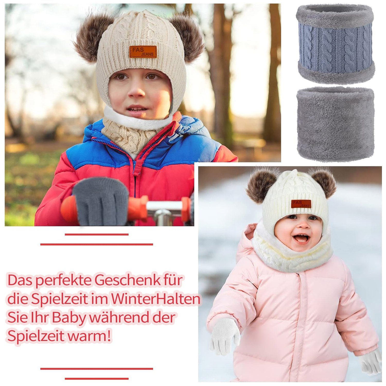 Kinder Schlupfmütze Strickmütze, Handschuhe-Set Daisred warme Winter Beige Halstuch,
