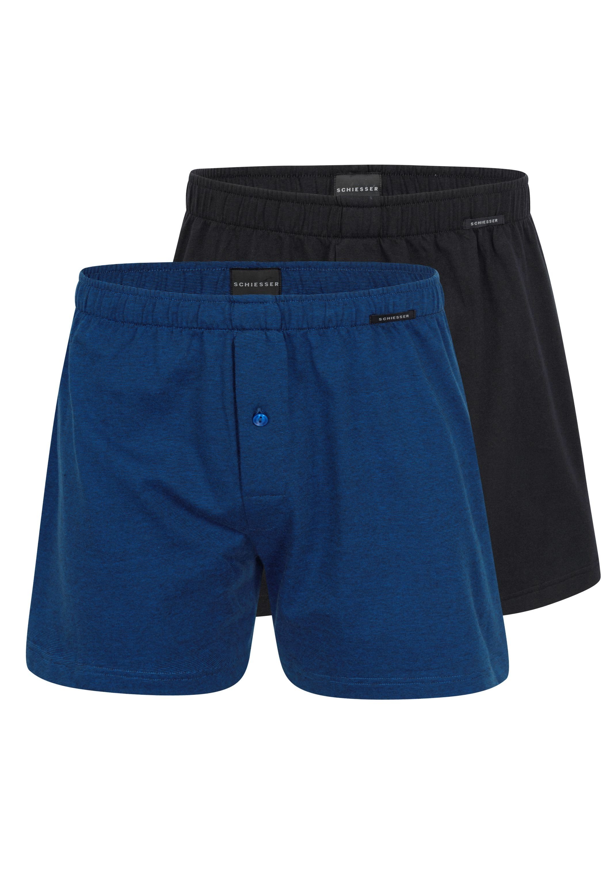 Schiesser Boxershorts 2er Pack Singel-Jersey (Spar-Set, 2-St) Boxershorts - Baumwolle - Mit Eingriff - Eingriff mit Knopf Blau / Schwarz